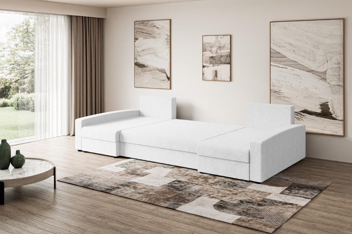 WOHNLANDSCHAFT mit Schlaffunktion und Bettkasten ALESIA-U 301x140x90 cm Weiß Bouclé - Silberfarben/Weiß, Holzwerkstoff/Kunststoff (301/90/140cm) - ALTDECOR