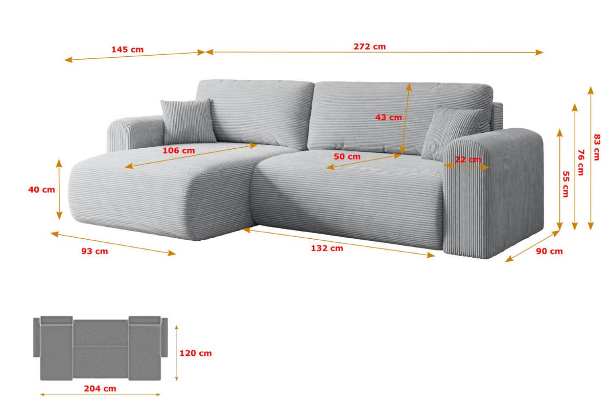 ECKSOFA mit Schlaffunktion und Bettkasten ORRO-L - 272x145x83 cm Grau Cord - Schwarz/Grau, Holzwerkstoff/Kunststoff (272/145cm) - ALTDECOR