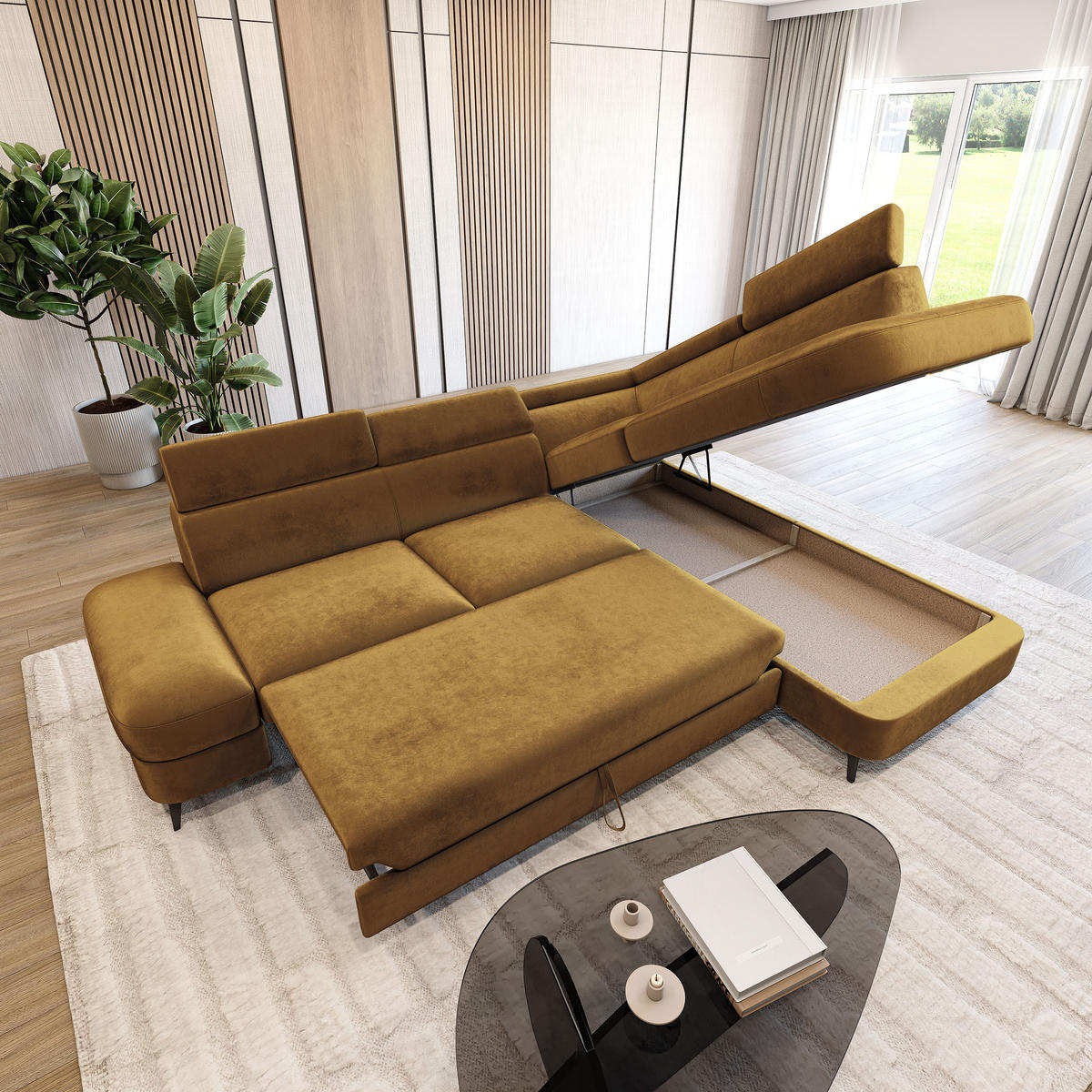 ECKSOFA AVISE M R-S Gelb Velours-Stoff mit Schlaffunktion - Gelb, Holzwerkstoff/Textil (268/195cm) - MASSENO