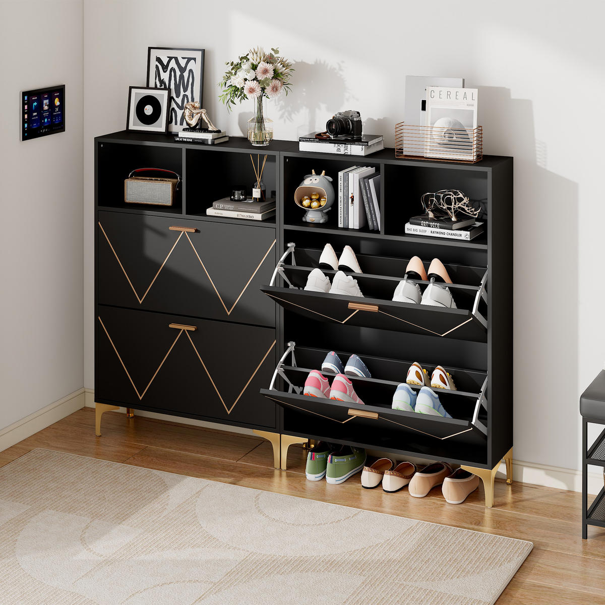 SCHUHSCHRANK 4 Klappen 8 Fächer MDF Metall Sideboard modern - Schwarz, Holzwerkstoff (25/117/160cm) - FLIEKS