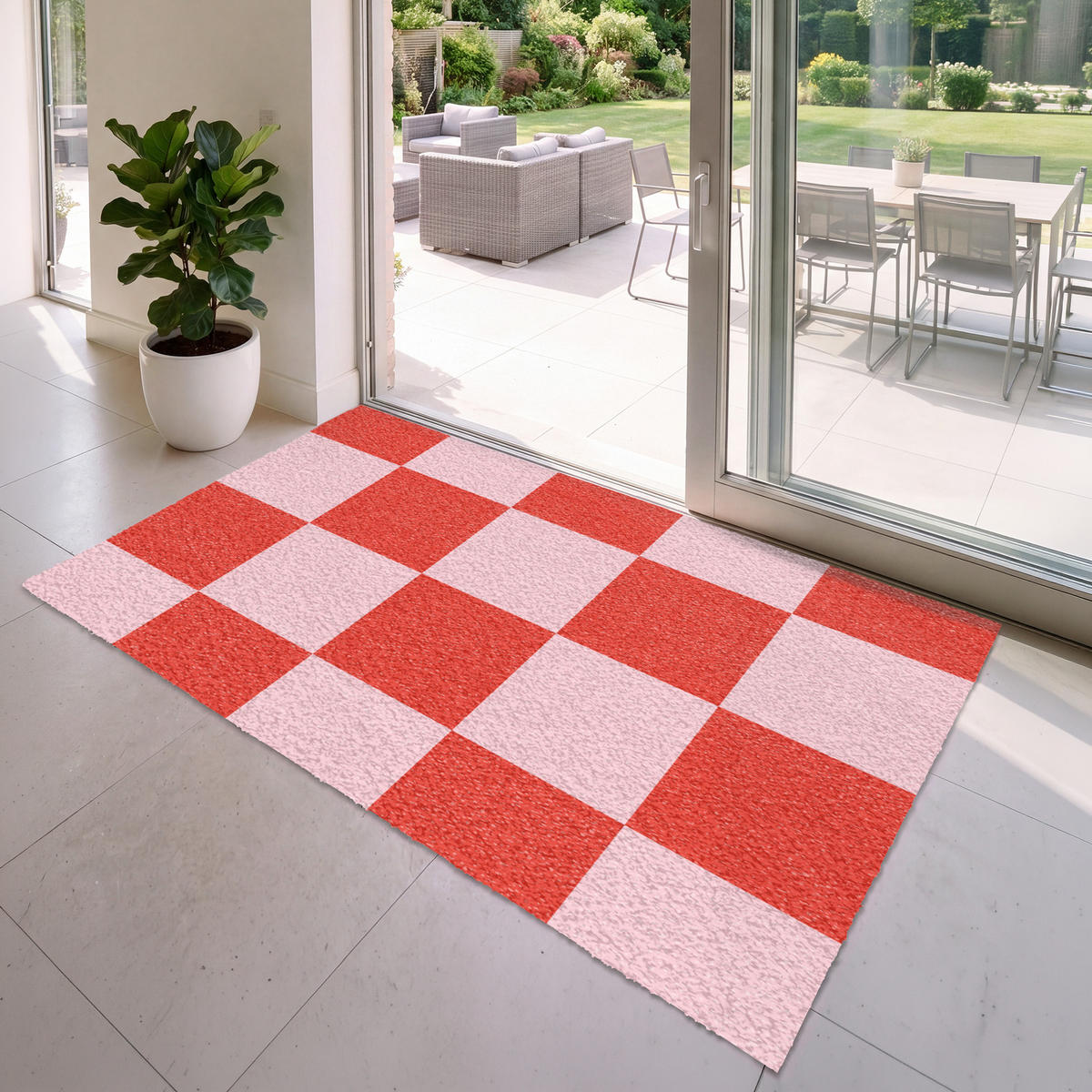 FUSSMATTE Schachbrettmuster - Rot - Rosa - Würfel Türmatte 180x120 cm - Rot, Kunststoff (180/120cm) - MuchoWow