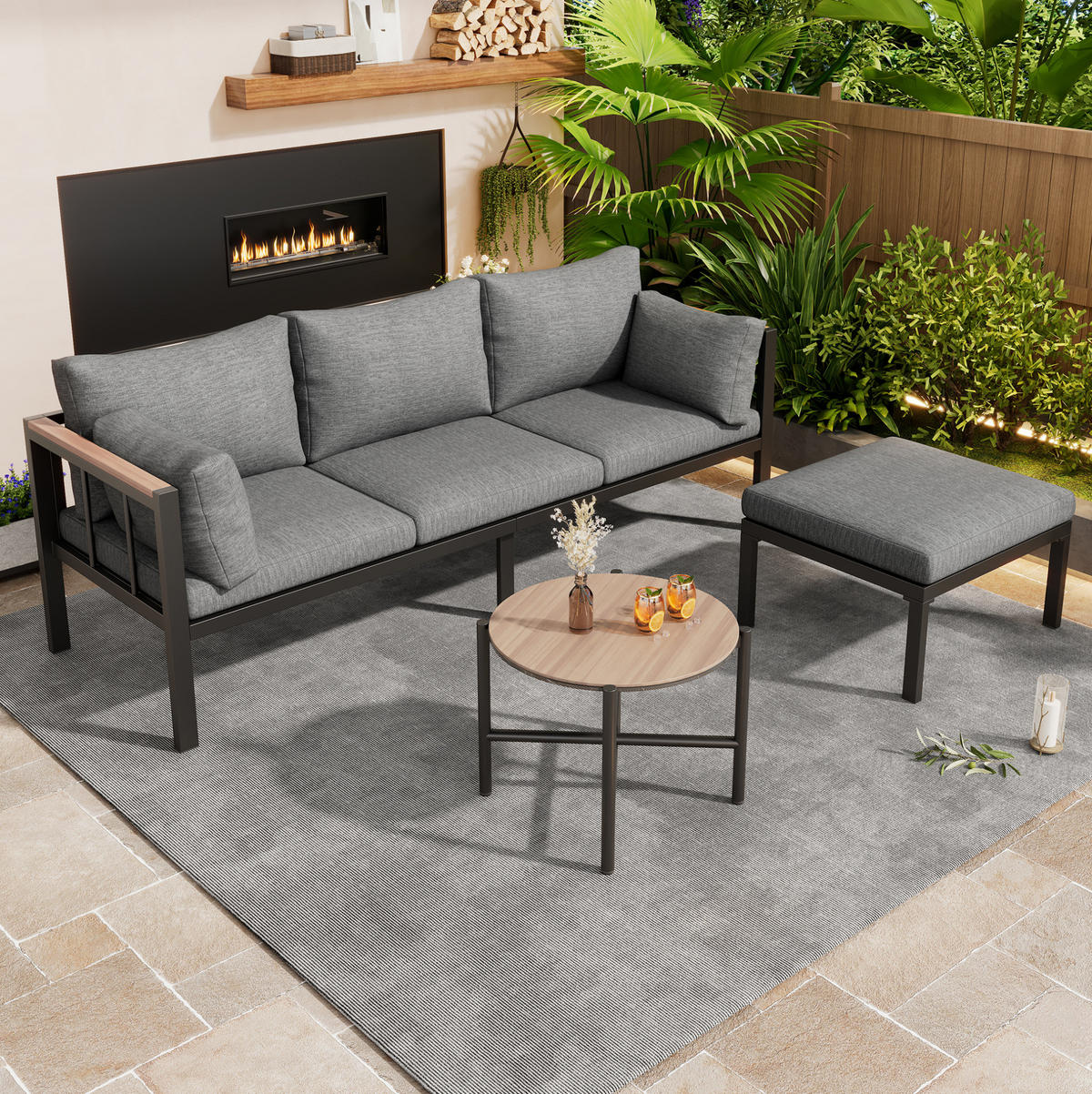 GARTENSET 182x63x62cm grau aus Stahl und Glas, wasserdicht - Grau, Textil - Modfu