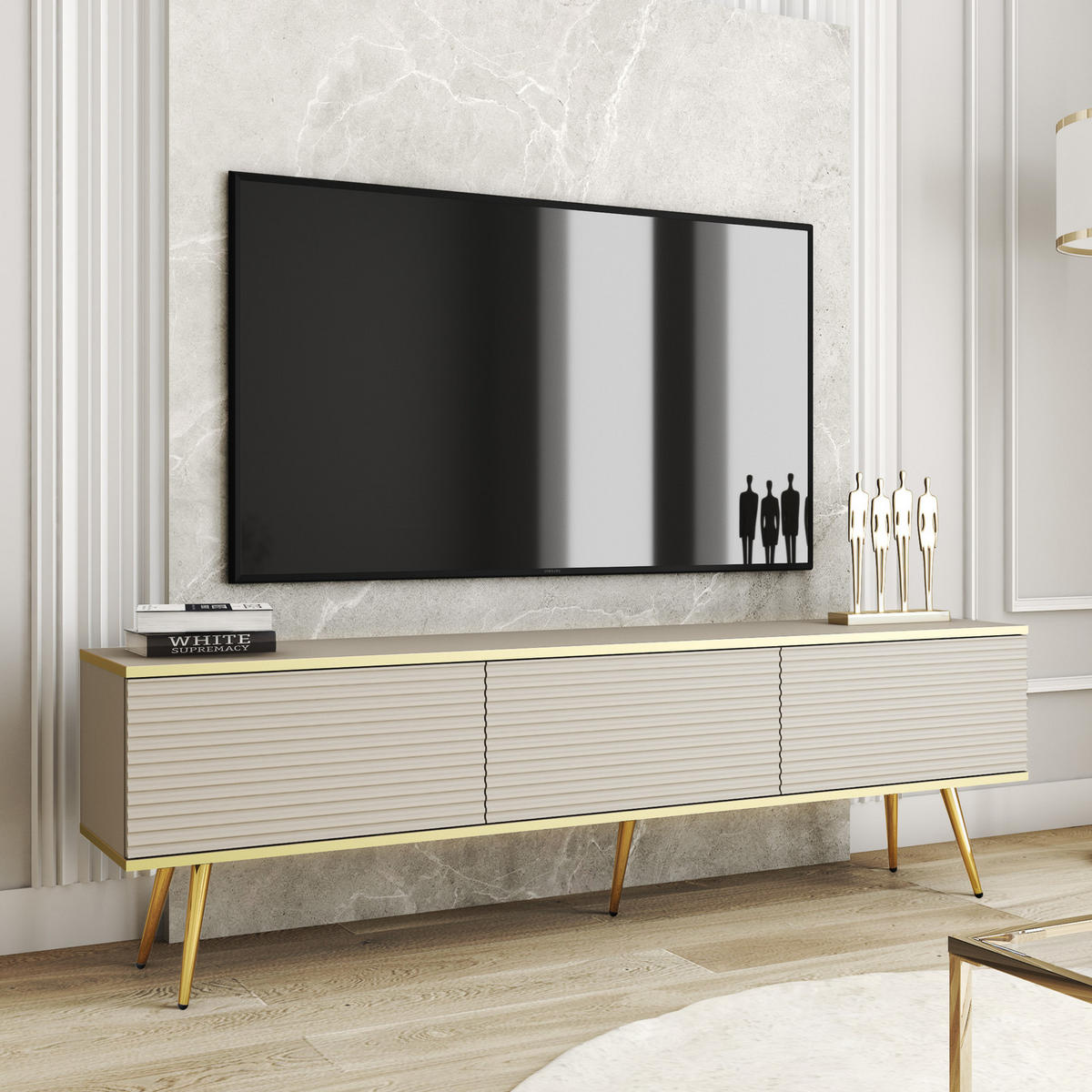 TV-BOARD FORNO (Beige, Rillenfront, Goldene Details, 3 Klapptüren, goldene Metallfüße, 175 cm) - Gelb/Beige, Holz/Holzwerkstoff (175/53/32cm) - Ravio