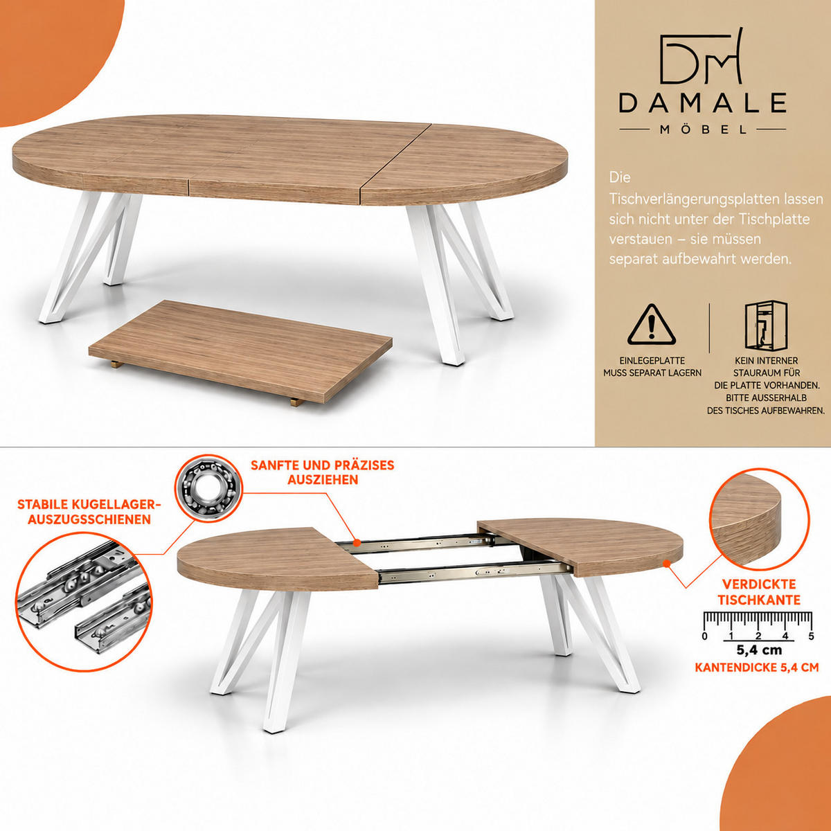 ESSTISCH rund ausziehbar 100/300/76 cm, Eiche Craft, 54 cm Tischplatte + Industrial Metallgestell Weiß - Eichefarben/Weiß, Holzwerkstoff/Metall (100/300/76cm) - Damale Möbel