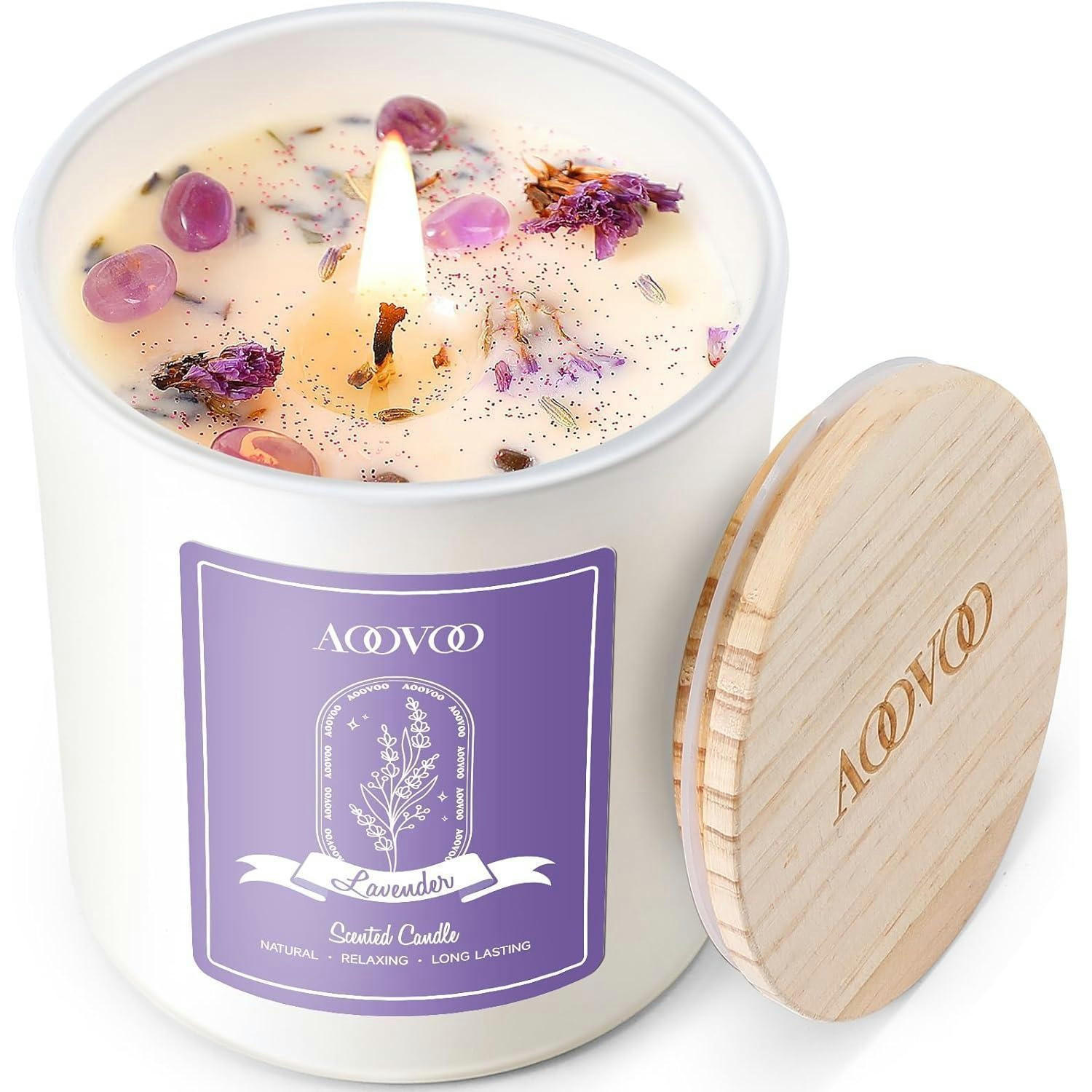 DUFTKERZE Lavendel mit Kristallen und Trockenblumen, 280g - Weiß, Paraffin (8cm)