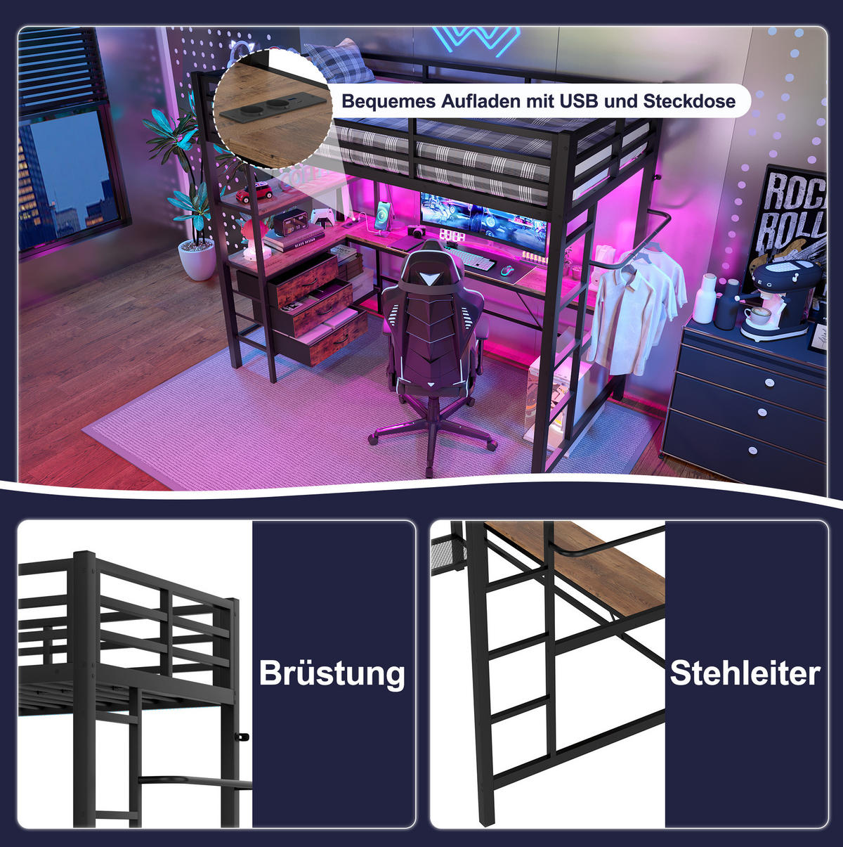 HOCHBETT 90/200 cm Schwarz mit LED und Schreibtisch ohne Matratze - Schwarz, Metall (90/200cm) - MIVRAY