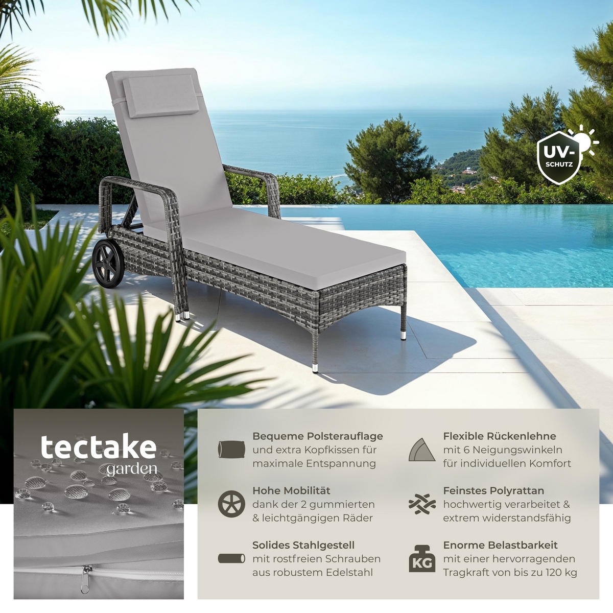 RATTAN-SONNENLIEGE ,200 x 70 x 33 cm,grau/hellgrau - Grau, Kunststoff (70/33/200cm) - tectake