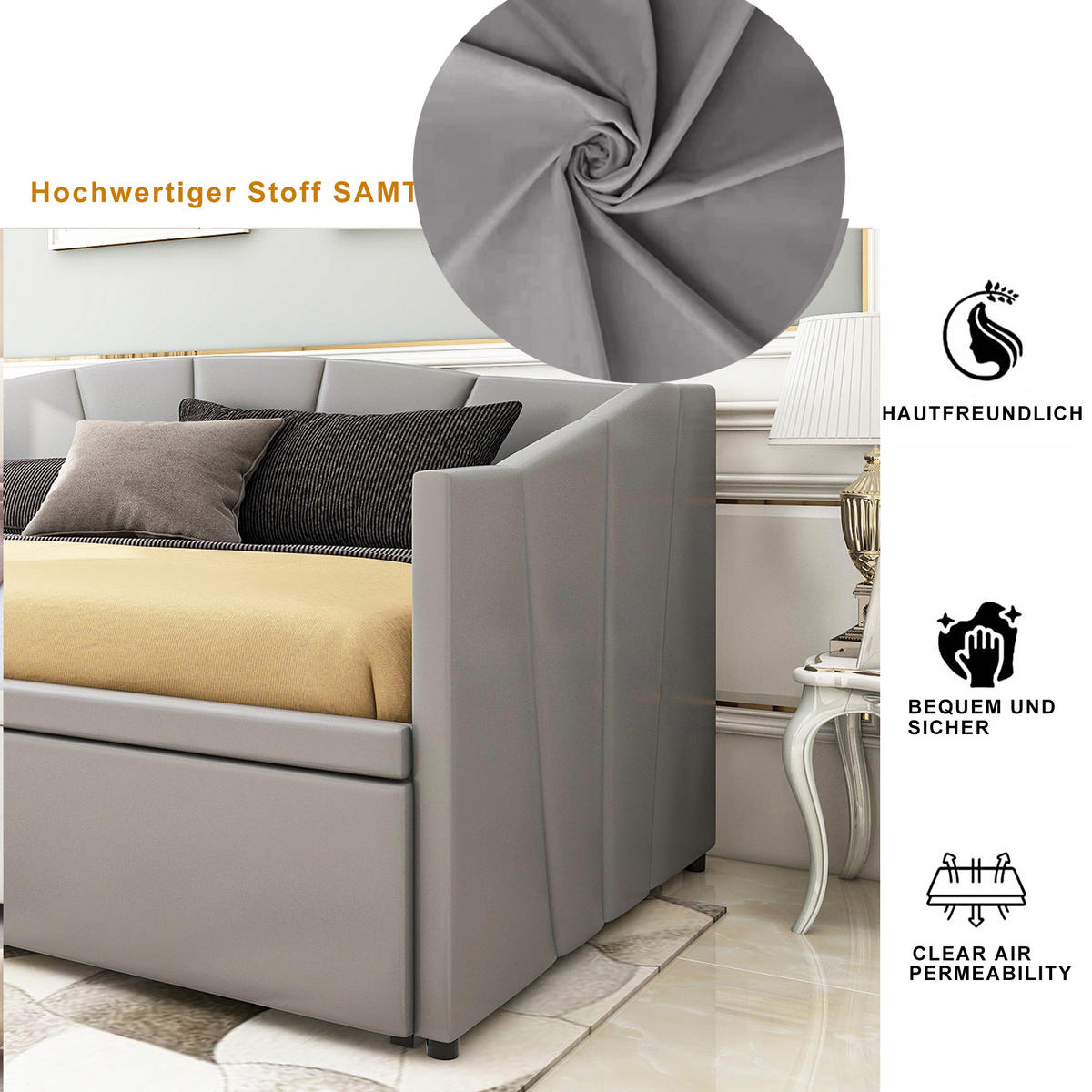 POLSTERBETT 90/180x200 cm Samt grau - Grau, Textil (180/200cm) - LEBENLANG