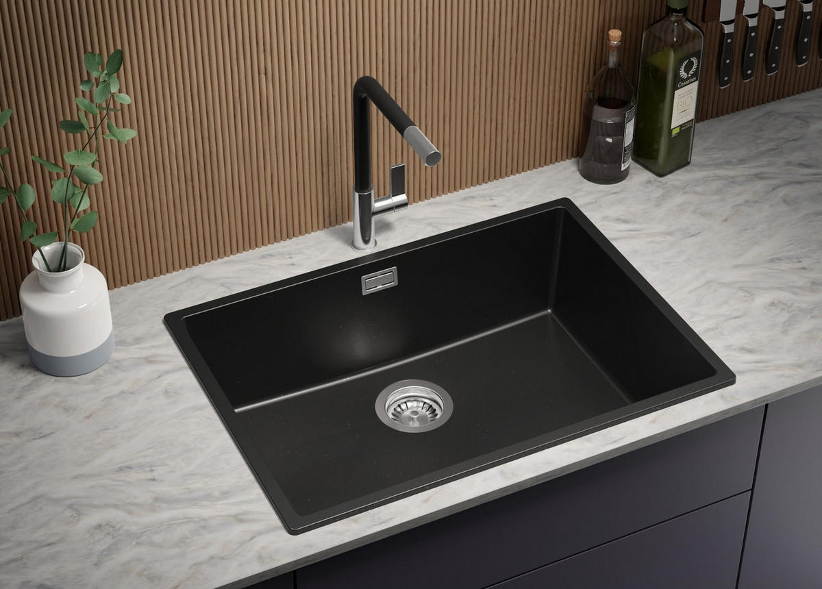 SPÜLBECKEN London Slim, 2-er set Schwarz Metallic 66/47 cm 1 Becken + Ablauf-Set ab 70er Unterschrank - Chromfarben/Schwarz Hochglanz, Kunststoff (66/20/47cm) - Primagran