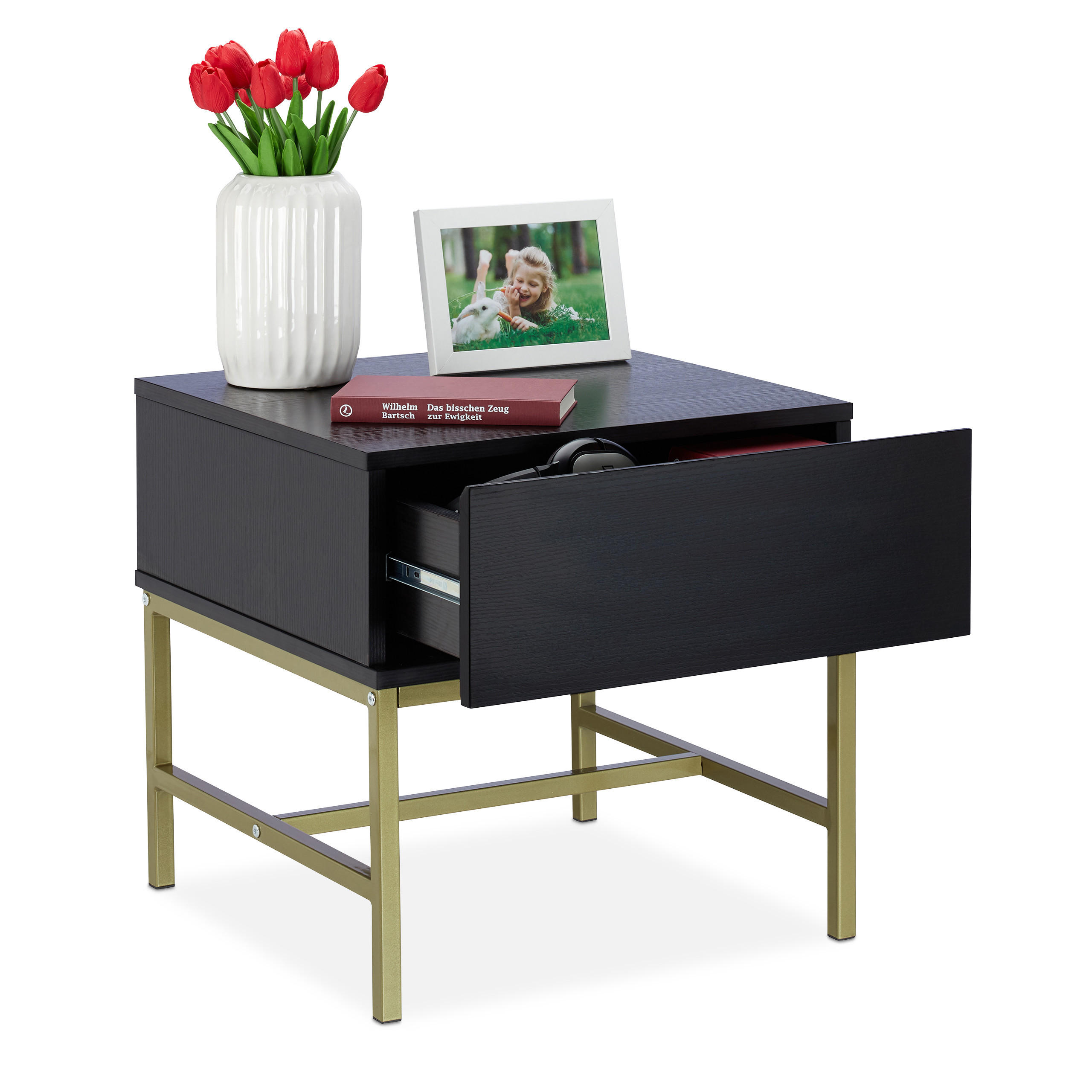 NACHTTISCH - Schwarz, Holzwerkstoff/Metall (50/50/50cm) - Relaxdays