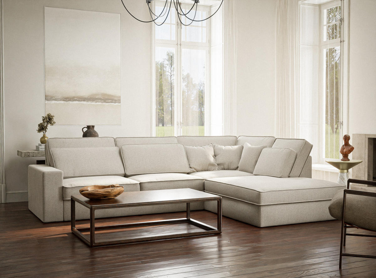 ECKSOFA Kirou Hellbeige Webstoff - Rechts Seite - Creme/Schwarz, Holz/Holzwerkstoff (225/311cm) - Maison de Reve