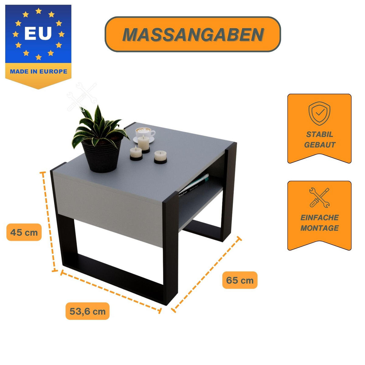 COUCHTISCH Karo65 65/45/53,6 - Schwarz/Grau, Holzwerkstoff (53/65/45cm) - RAUMHIRSCH FURNITURE
