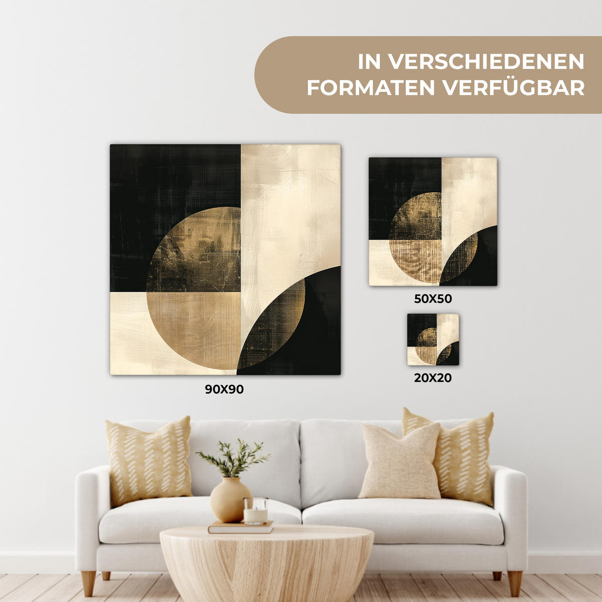 LEINWANDBILD Abstrakt - Geometrische Formen - Schwarz - Gold 90x90 cm - Ecru, Textil (90/90cm) - MuchoWow