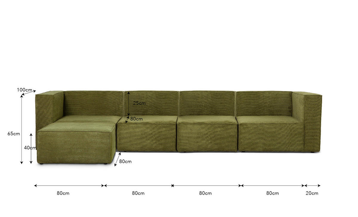 4-SITZER-SOFA Chaiselongue bezogen grünem Kord-Samt HARPER - Grün, Textil (100/65/360cm) - RNT By Really Nice Things