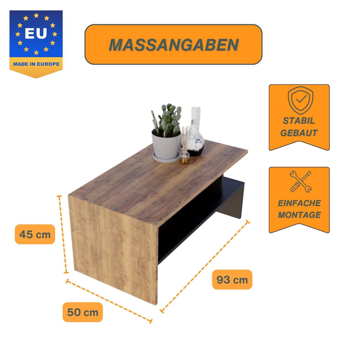 COUCHTISCH Holzwerkstoff rechteckig stabil Nussbaumfarben 50/45/93cm - Nussbaumfarben/Schwarz, Holzwerkstoff (50/93/45cm) - CraftPAK