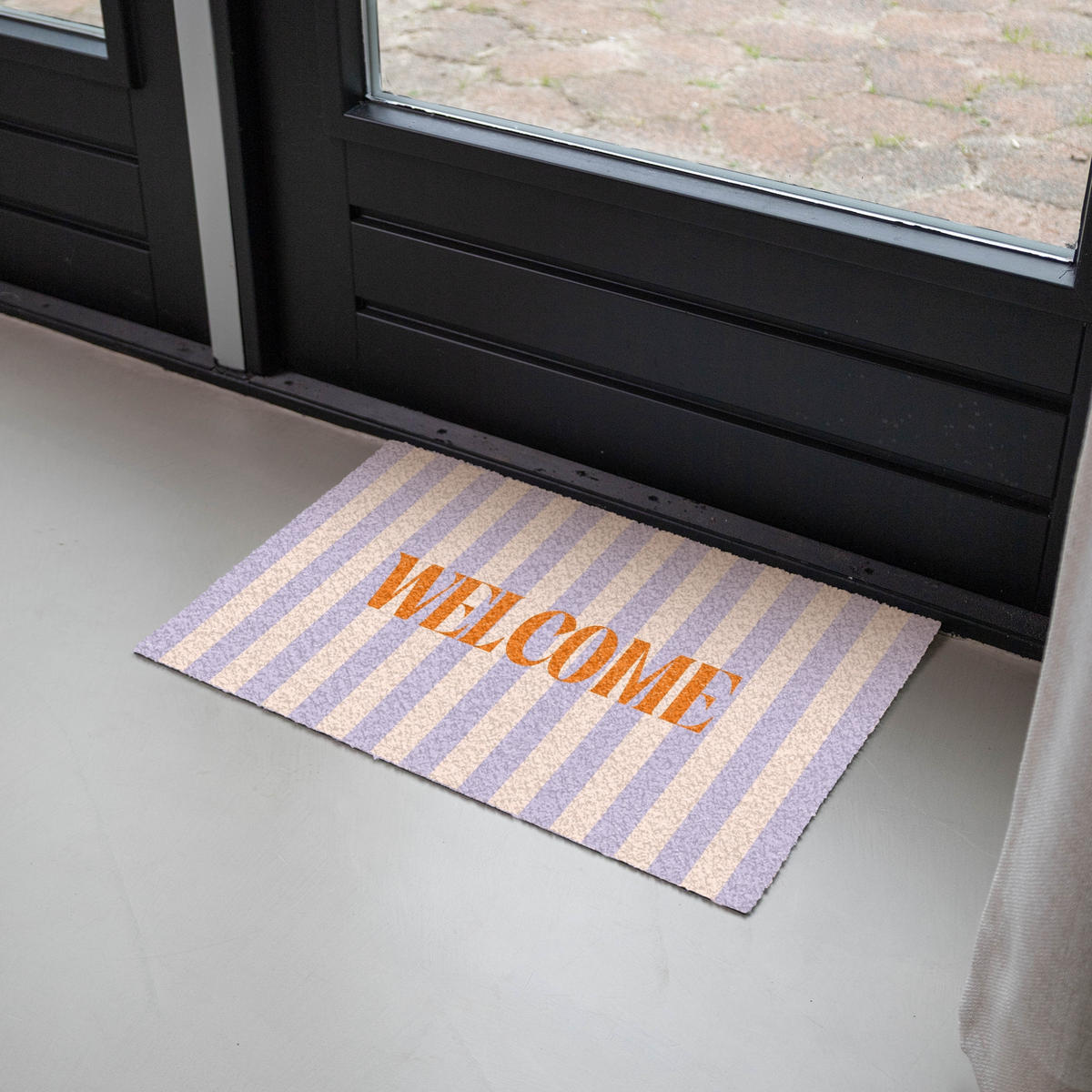 FUSSMATTE Lila – Orange – Streifen – Willkommen 60x40 cm - Flieder, Kunststoff (60/0.4cm) - MuchoWow