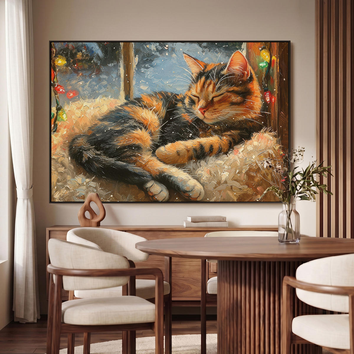 LEINWAND Bilder mit Rahmen - Katze - Weihnachten - Winter - Tier - 150x100 - Bernsteinfarben, Textil (150/100cm) - MuchoWow