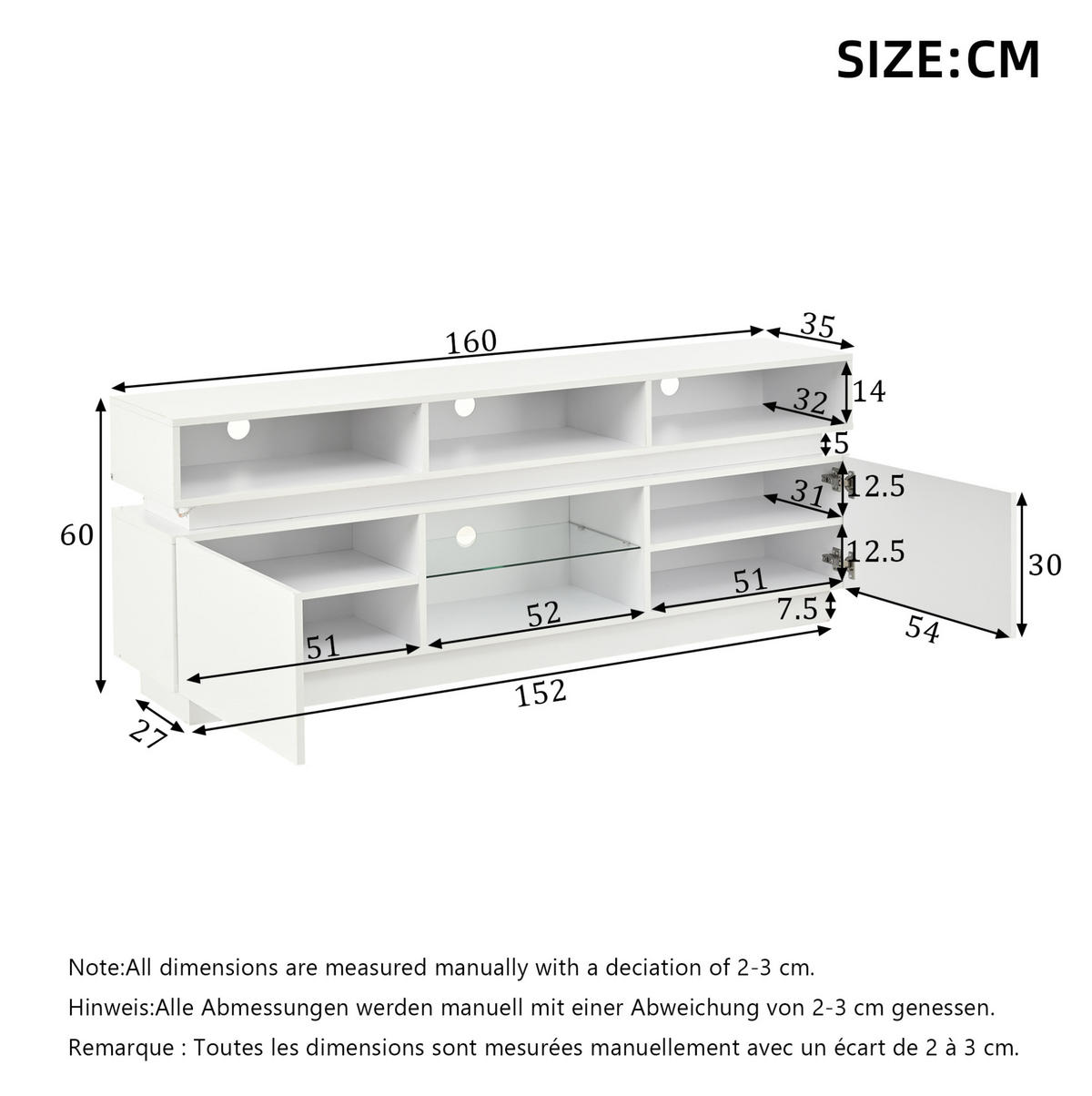 TV-LOWBOARD 160/35/60 cm weiß aus MDF mit Glasplatte und LED - Weiß, Holzwerkstoff (35/60/160cm) - OKWISH