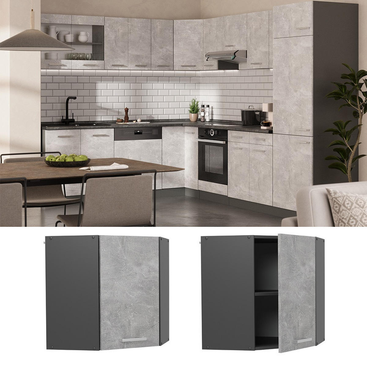 ECKHÄNGESCHRANK R-Line Beton 57 cm - Anthrazit/Grau, Holzwerkstoff (57/60/31cm) - Vicco