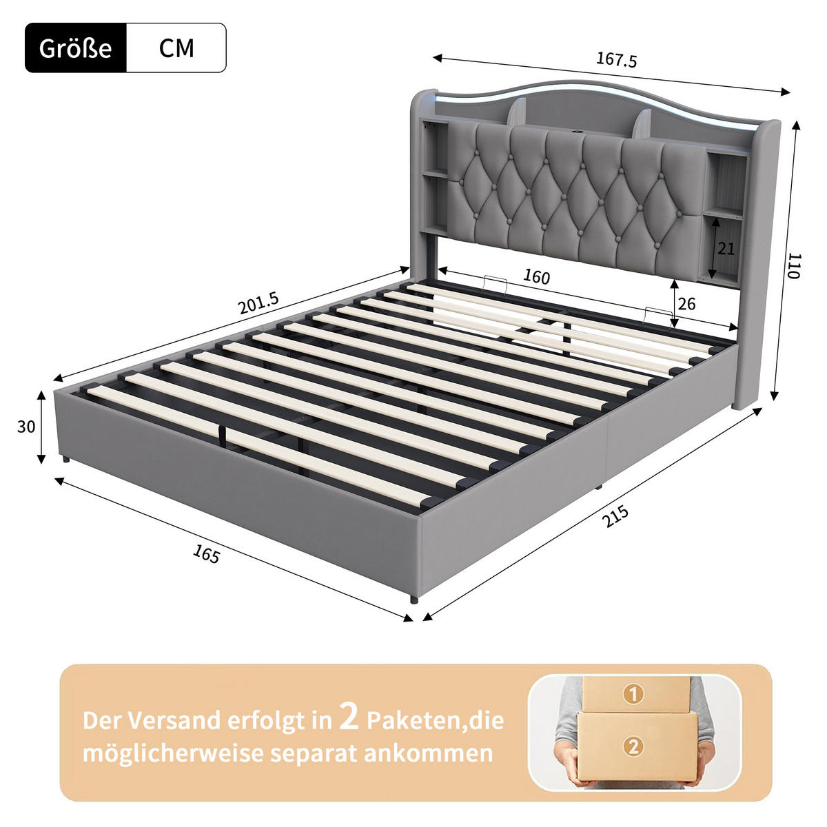 POLSTERBETT 160/200 cm mit Stauraum-Bettkasten, Ablagekopfteil mit Seitenfächern, mehrfarbigem LED-Licht & USB-Anschluss, grauer Stoffbezug - Grau, Holz/Metall (160/200cm) - Joyfair