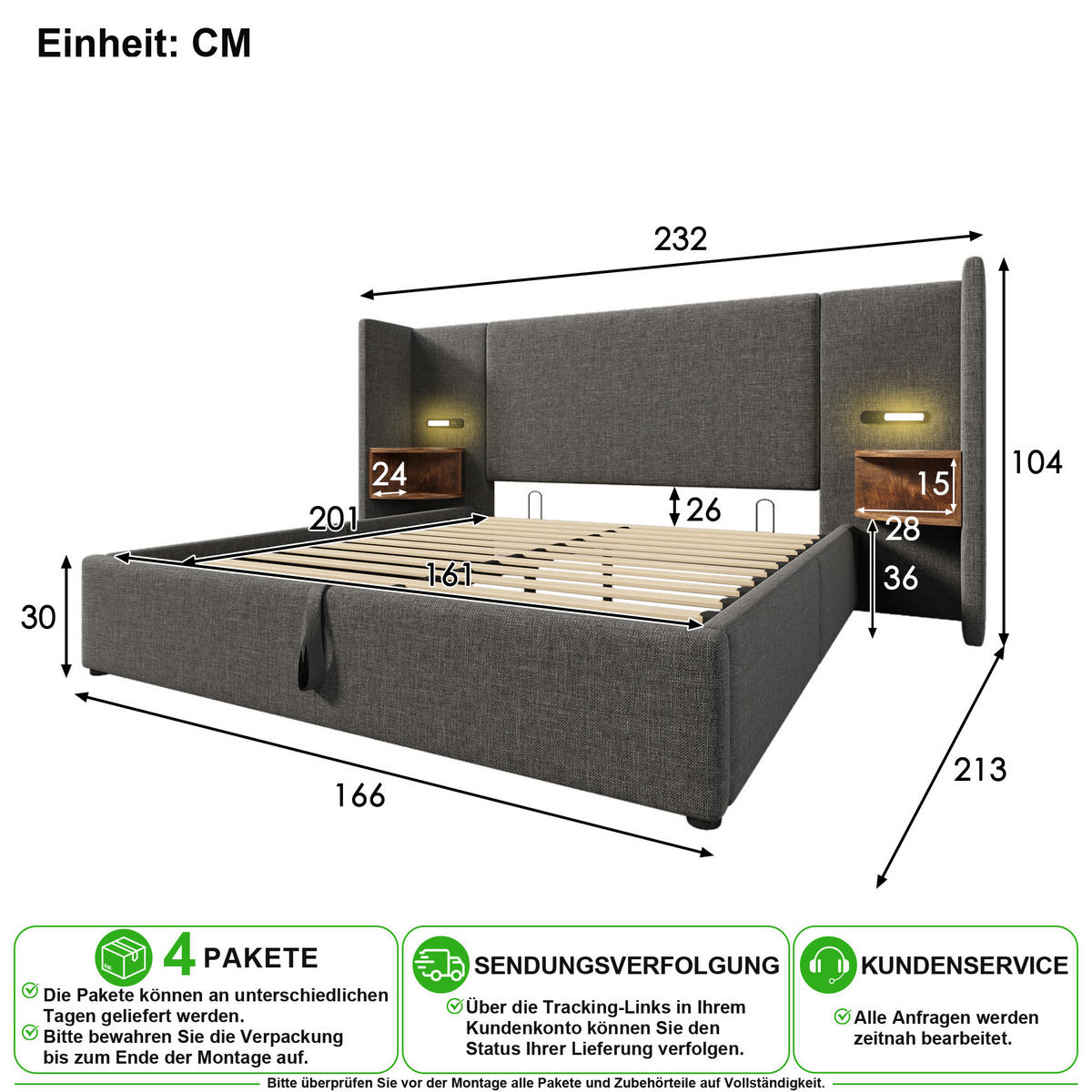 POLSTERBETT 160/200 cm in Grau Leinen mit Stauraum, Regal, Leselampe und Matratze - Grau, Holzwerkstoff/Textil (160/200cm) - CHICFURN