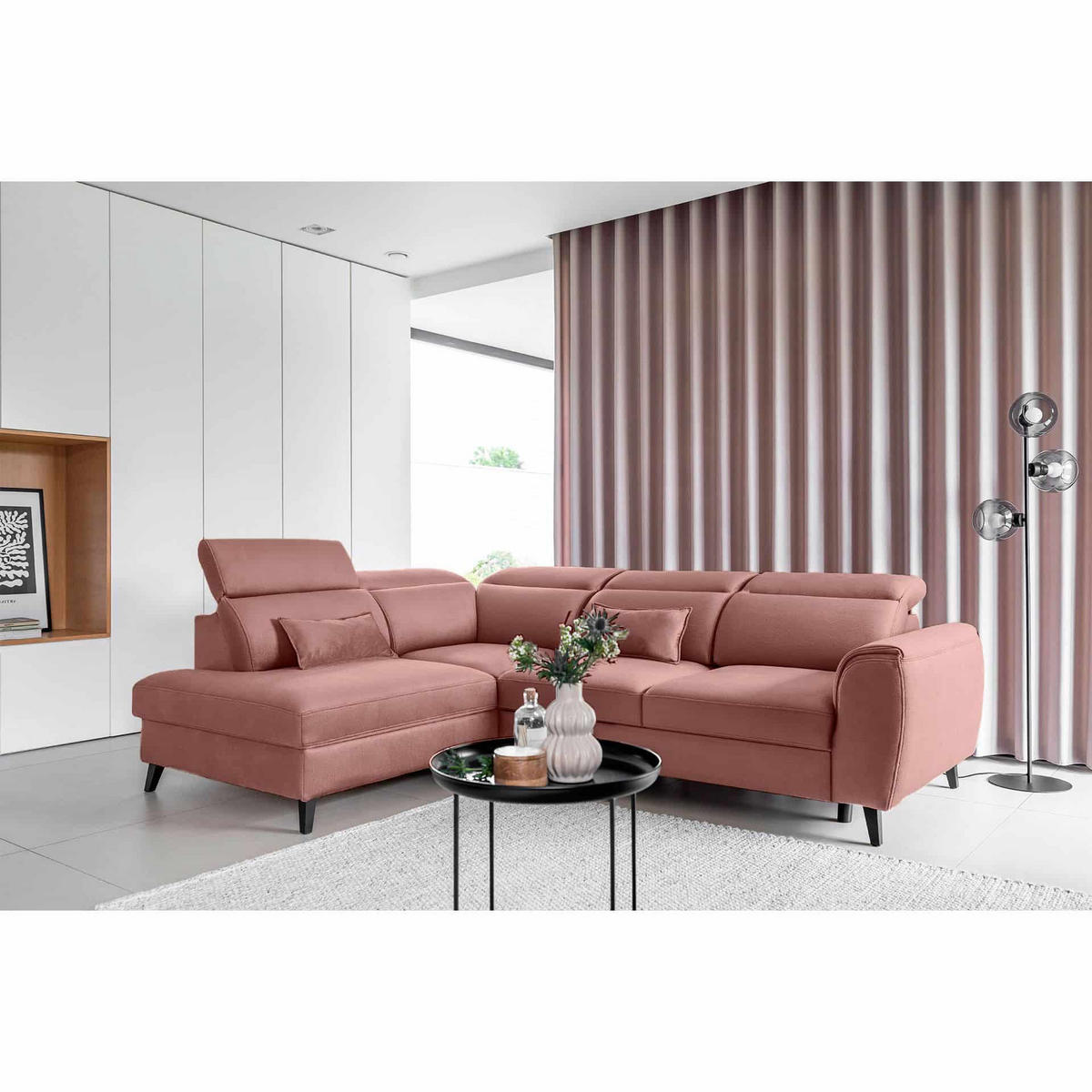 ECKSOFA mit Schlaffunktion & Bettkasten - Schwarz/Rosa, Holz/Textil (255/201cm) - Eltap