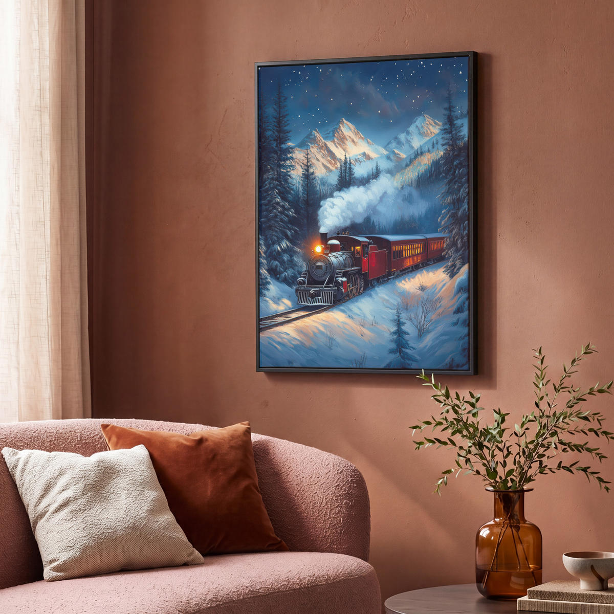 LEINWAND Bilder mit Rahmen - Zug - Weihnachten - Schnee - Weihnachtszug - 70x100 - Anthrazit, Textil (70/100cm) - MuchoWow