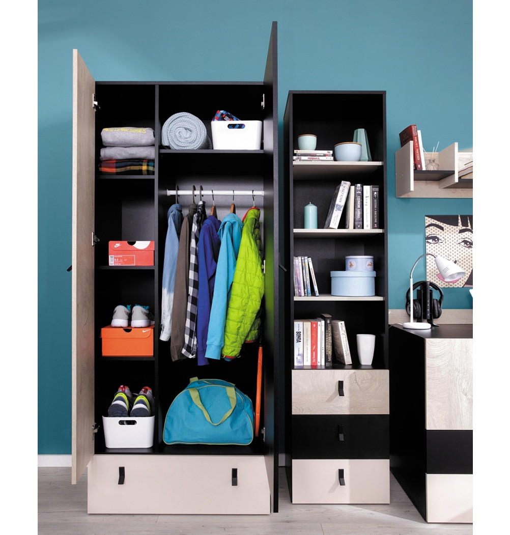 JUGENDZIMMER Space Set C 6-teilig - Schwarz-Eiche-Beige - Eichefarben/Beige, Holzwerkstoff (80/190/50cm) - QMM TraumMöbel