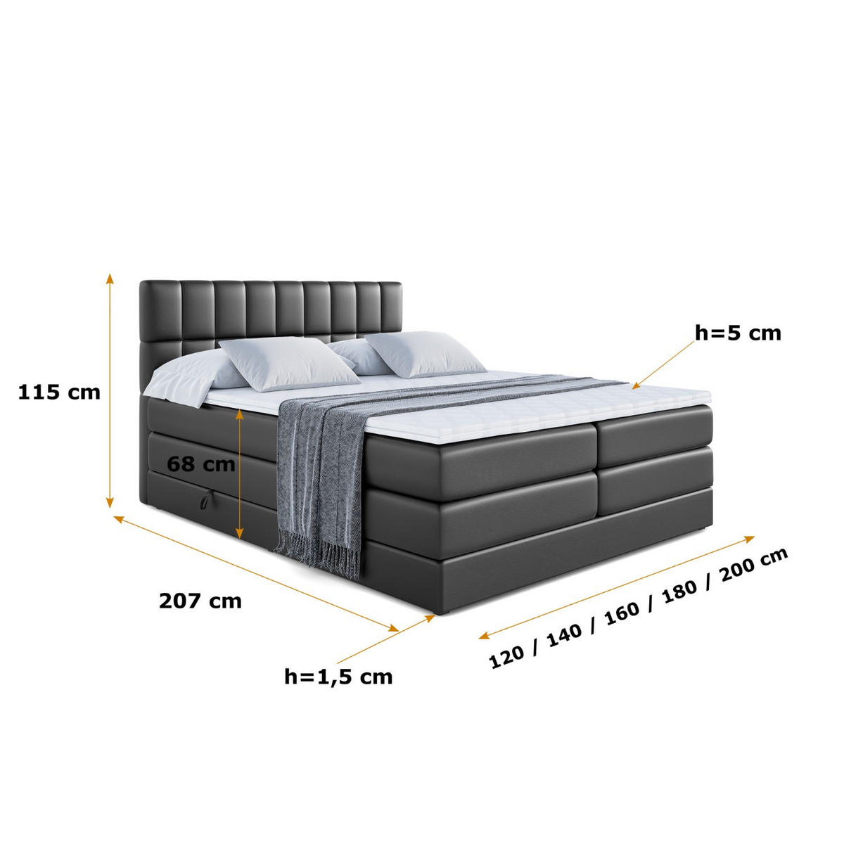 BOXSPRINGBETT MIAMI KING - 160x200 - H3/H4 - Schwarz Hochglanz - Schwarz Hochglanz, Holzwerkstoff (160/200cm) - ALTDECOR