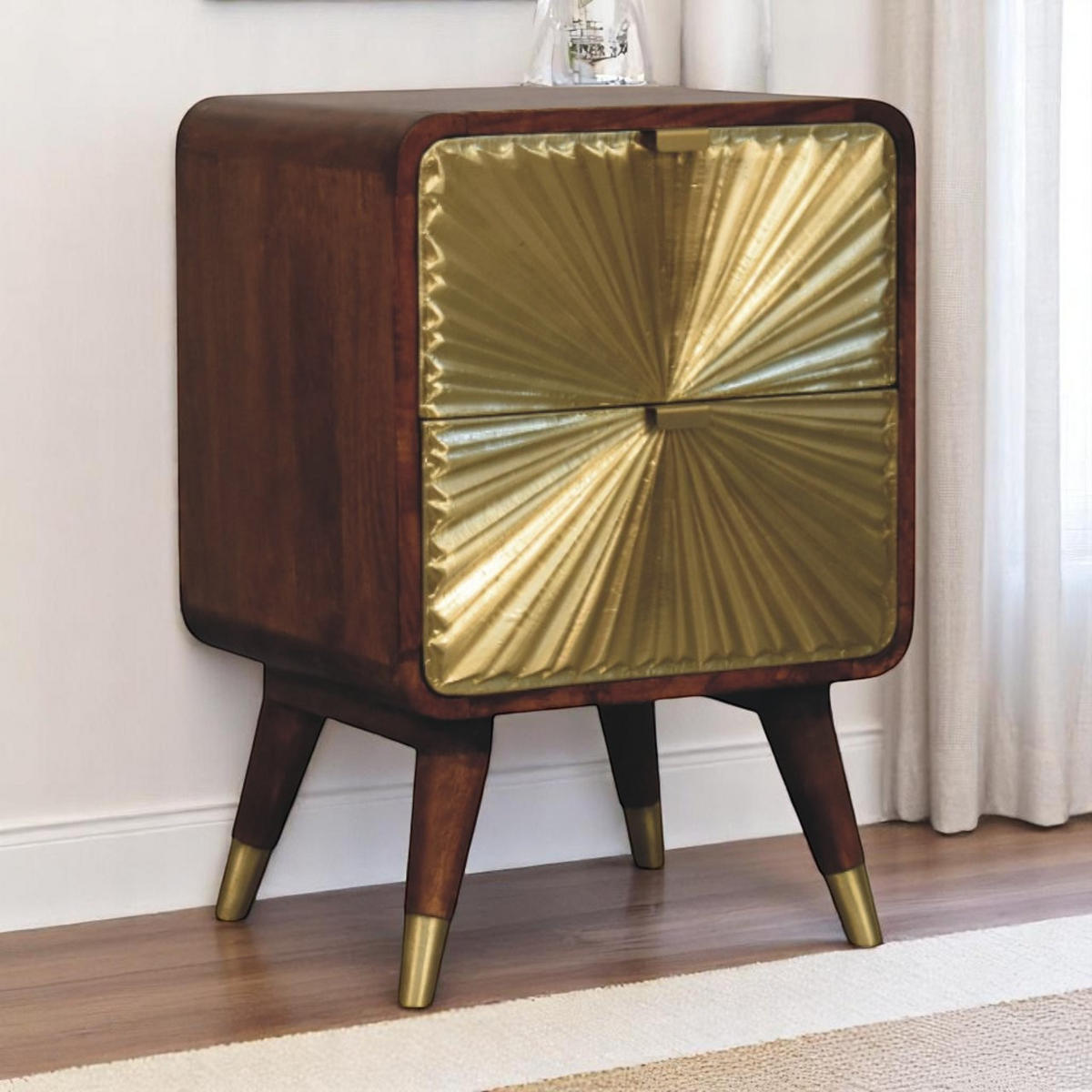 NOĆNI ORMARIĆ od masivnog drva, s mjedenim reljefom, 2 ladice, Avora - smeđa, drvo (40/10/35cm) - Artisan Furniture