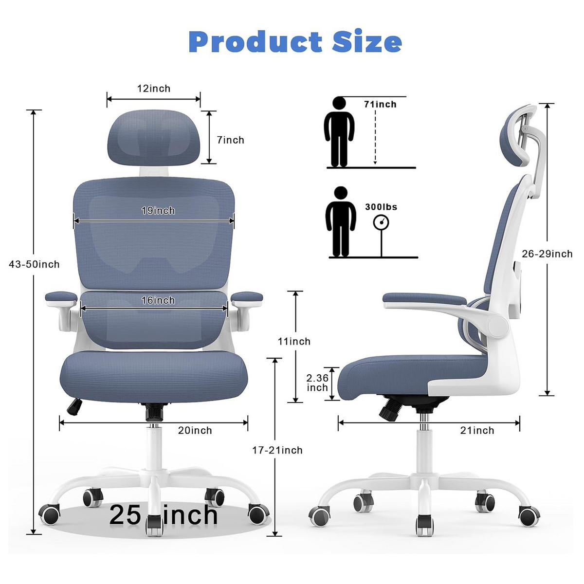 BÜROSTUHL Weiß-Blau ergonomisch Netz verstellbar - Blau, Metall (25/52.5/65cm) - Rattrix