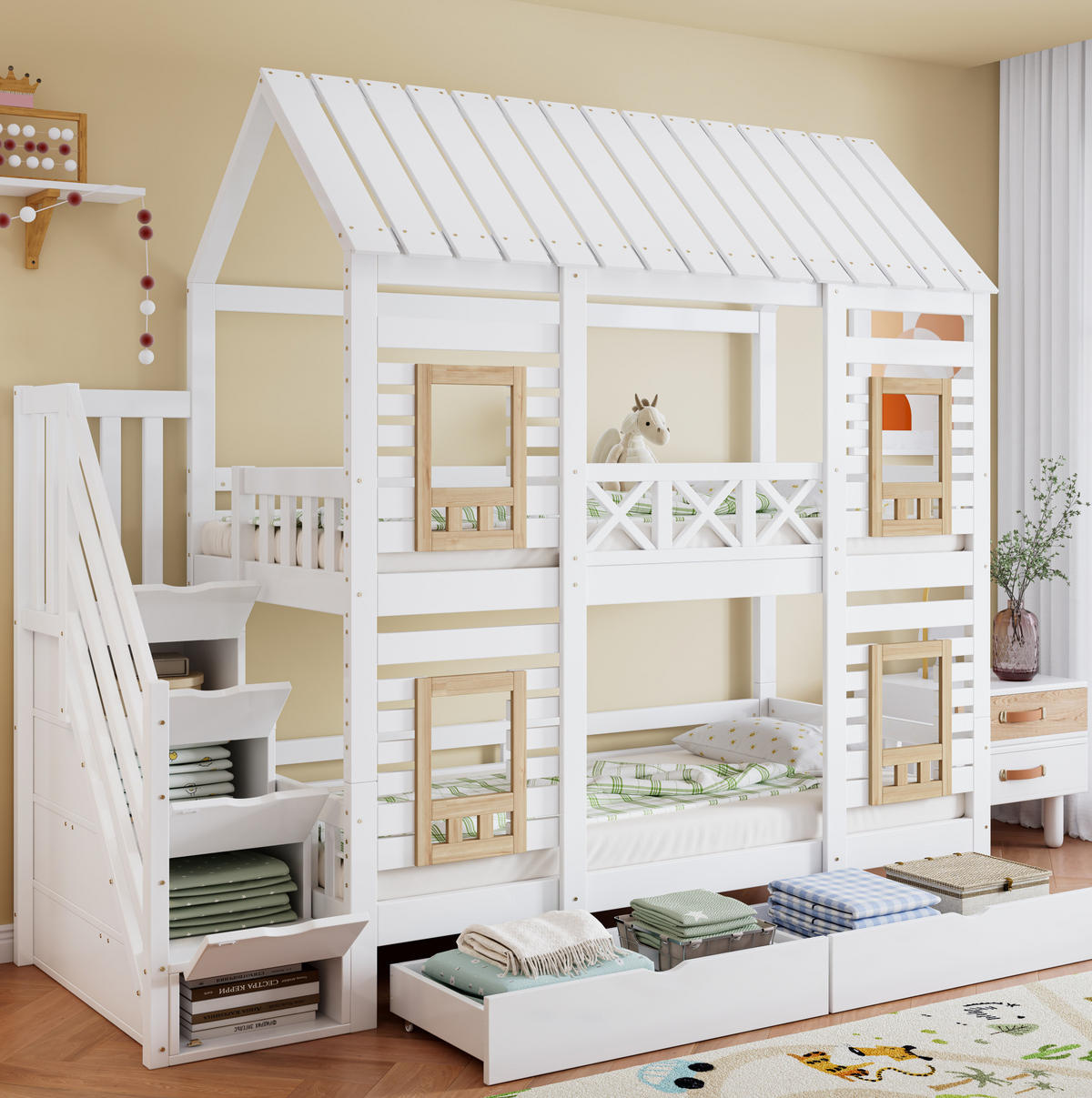 HAUSBETT 90/200 cm Weiß/Natur mit Stauraumtreppe und 2 Schubladen - Weiß, Holz (90/200cm) - Flora Grace