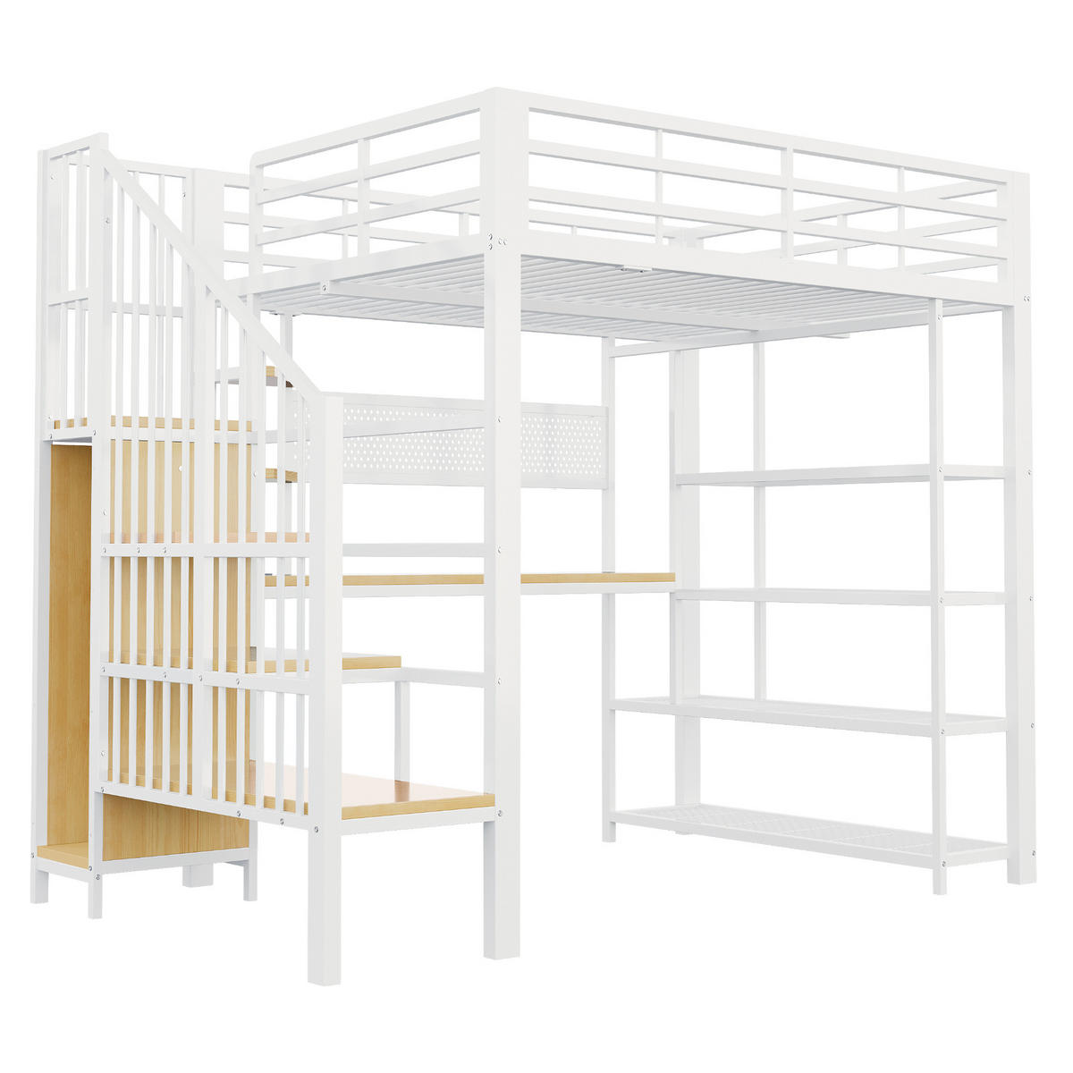 HOCHBETT 140/200 cm in Weiß aus Metall und Holz mit Stauraumtreppe, LED, Steckdosen und Lochwand - Weiß, Holzwerkstoff/Metall (140/200cm) - WISHDOR