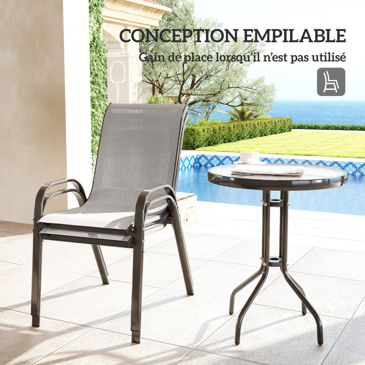 BALKONSET 3-teilig DE-14227 stapelbar, Glastisch Hellgrau - Hellgrau, Metall - ComfortXL