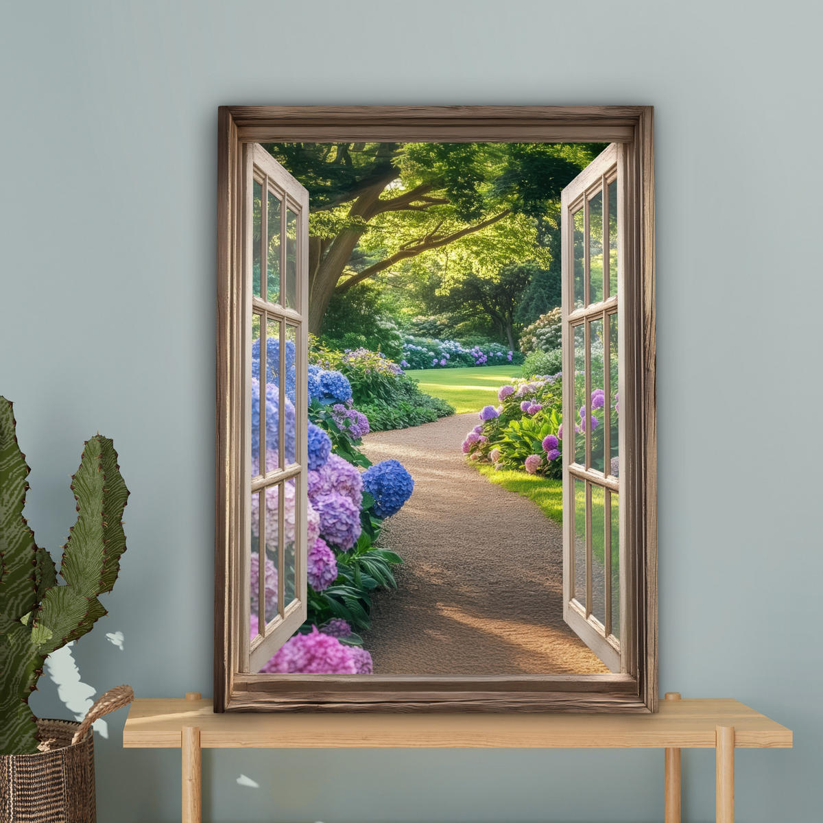 LEINWANDBILD Aussicht - Garten - Fenster - Hortensie - Blumen 60x80 cm - Pastellblau, Textil (60/80cm) - MuchoWow