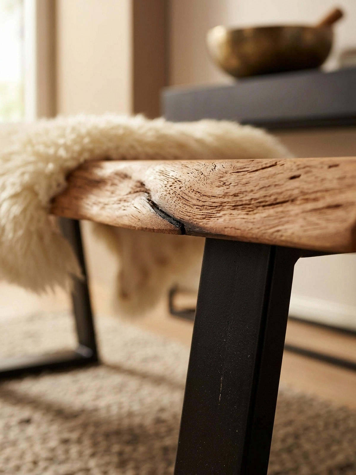 ESSZIMMERBANK Landhausstil Baumkante Akazienholz, Beige 180x60x84 cm - Beige/Schwarz, Holz/Metall (180/84/60cm) - KADIMA DESIGN