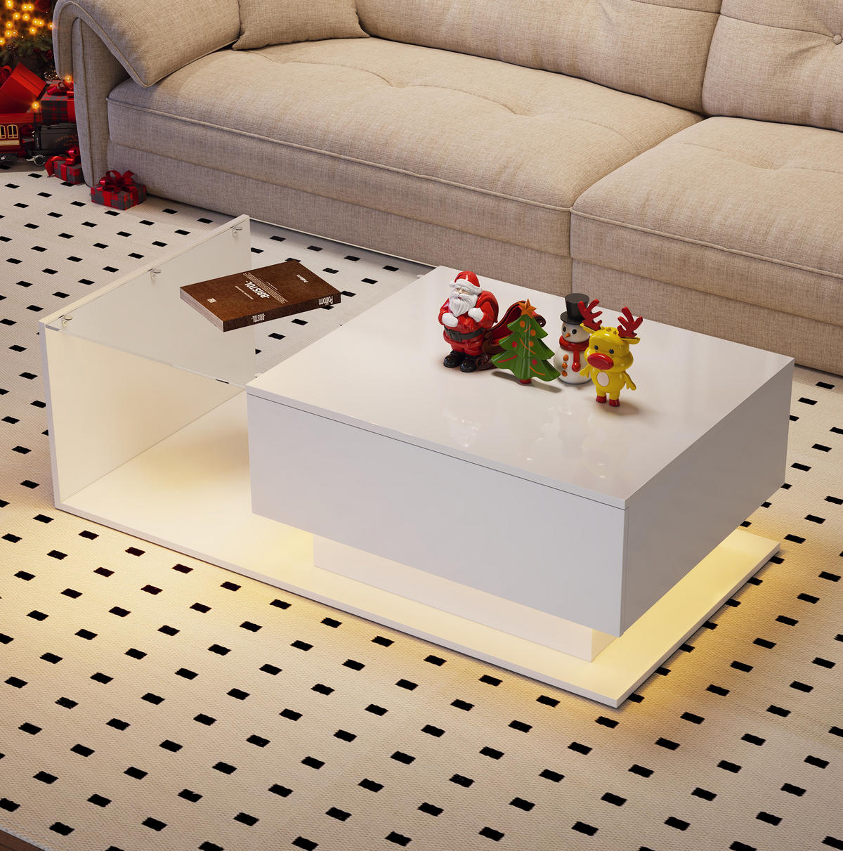 COUCHTISCH aus Spanplatte 100x50x32 cm Weiß mit LED & Schublade - Weiß, Holzwerkstoff (100/50/32cm) - Modfu