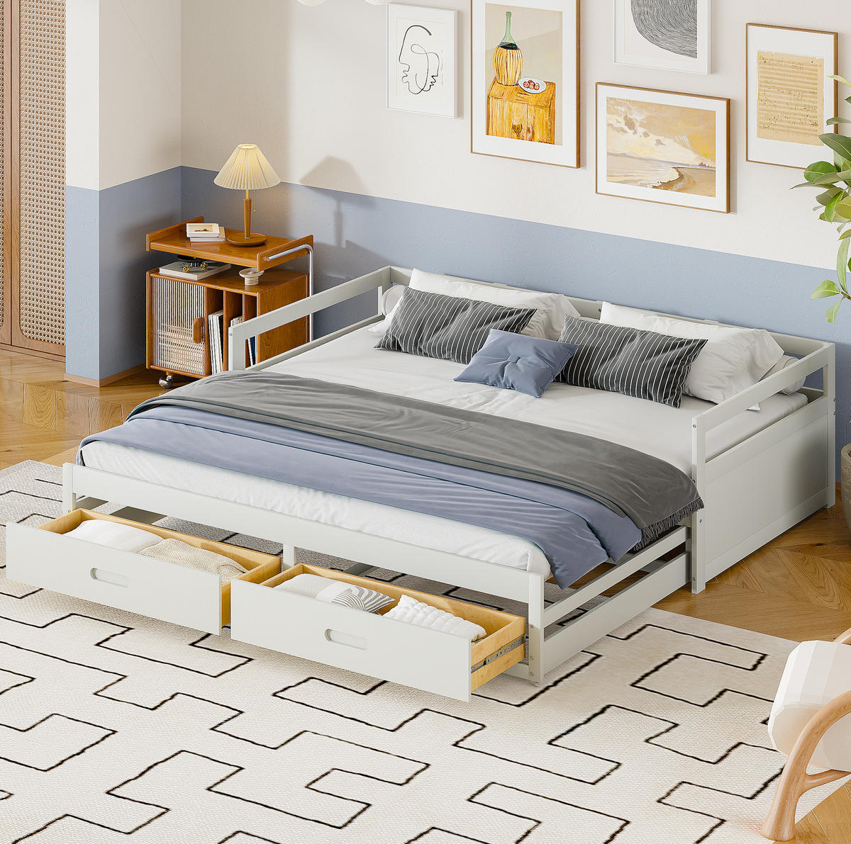 BETT ausziehbar mit Stauraum Kiefernholz weiß 90/200 cm - Weiß, Holz (90/200cm) - OKWISH
