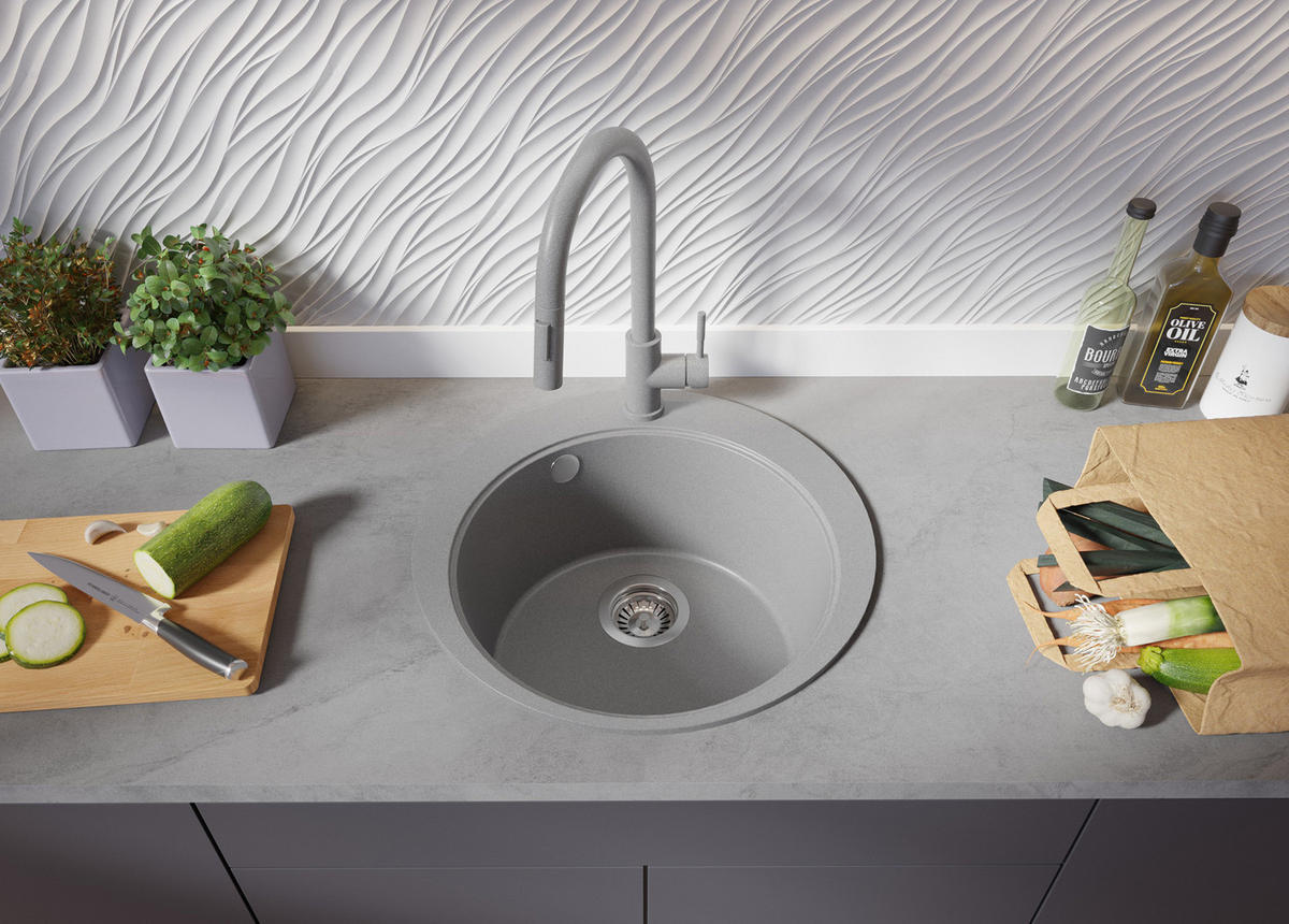 SPÜLBECKEN RUND Pisa, 2-er set Grau 50/50 cm 1 Becken + Ablauf-Set + Schneidebrett ab 45er Unterschrank - Beige/Grau, Kunststoff (50/20/50cm) - Primagran