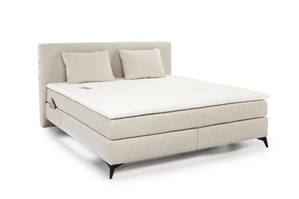BOXSPRINGBETT 180x200 cm, 7-Zonen-Tonnentaschen-Federkernmatratzen H4, Topper, Bonell-Federkern, Beleuchtung, USB-Ladeports, Chenille Beige / 20018 - Beige/Schwarz, Textil/Metall (180/200cm) - luma-home