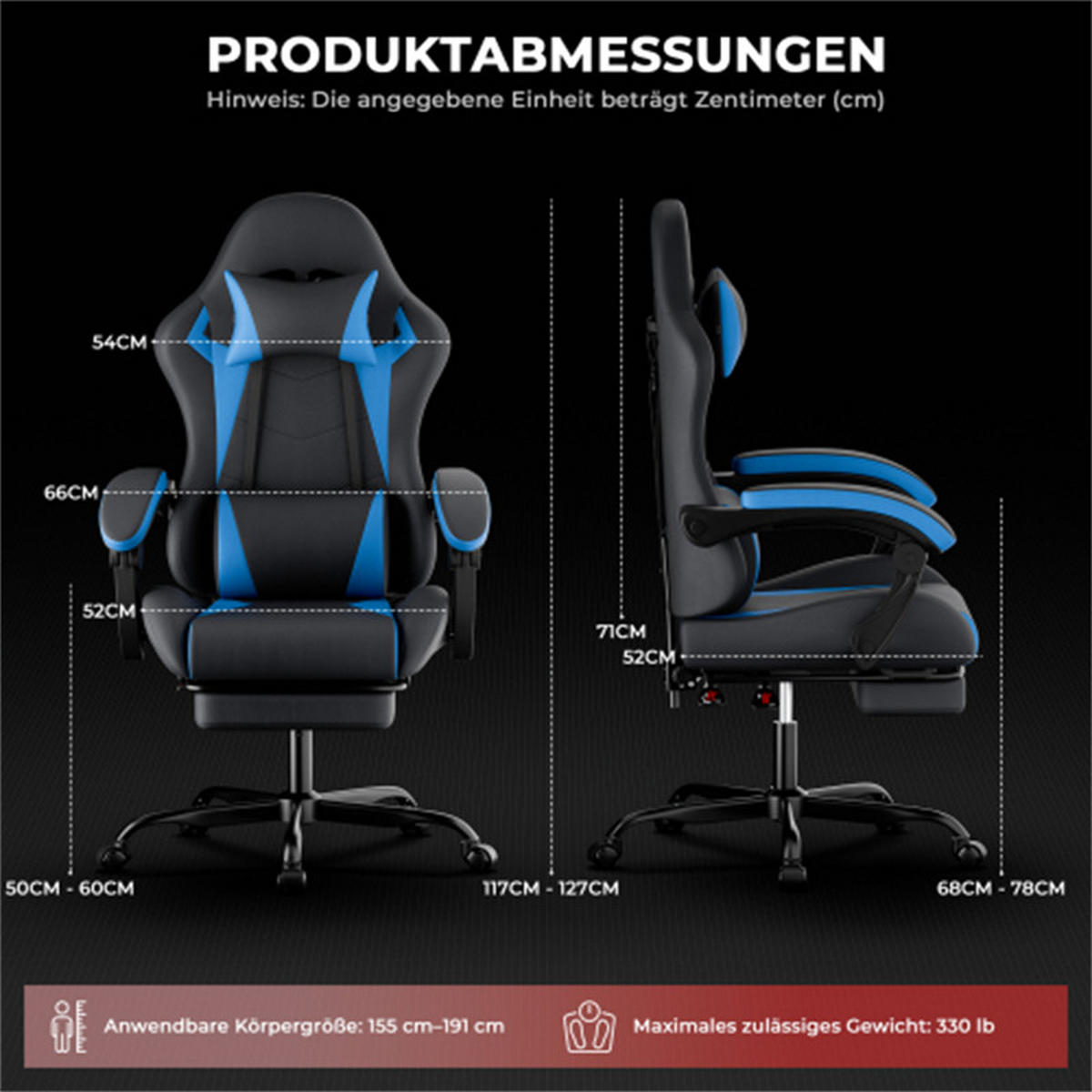 GAMINGSTUHL Ergonomisch Schwarz-Blau, höhenverstellbar & drehbar, Metall-PVC-Bezug, 58,5 x 63 x 120,5 cm - Blau, Metall (63/120.5/58.5cm) - Albatros
