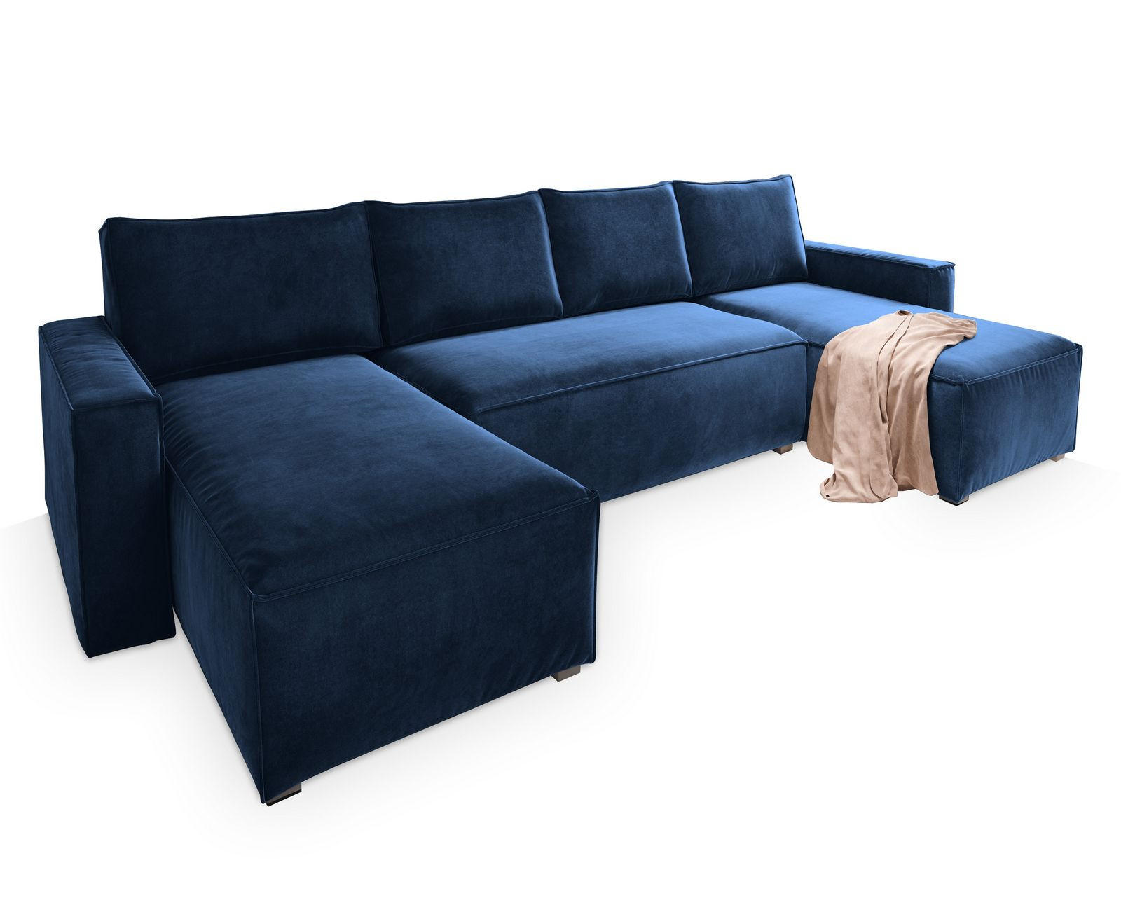 WOHNLANDSCHAFT DENI Blau Velours-Stoff mit Schlaffunktion - Blau, Holz (295/85/140cm) - MASSENO