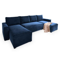 WOHNLANDSCHAFT DENI Blau Velours-Stoff mit Schlaffunktion - Blau, Holz (295/85/140cm) - MASSENO