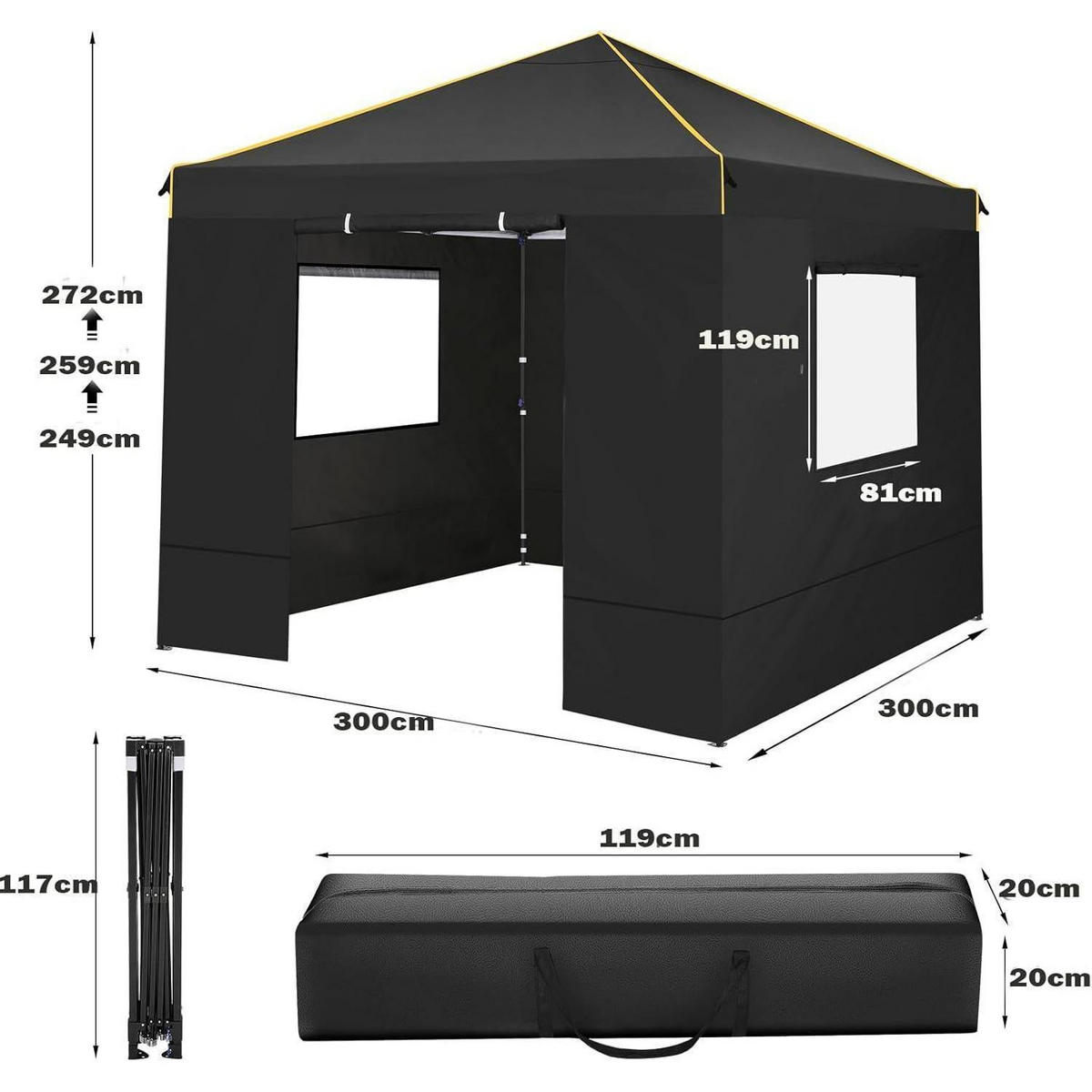 FALTPAVILLON 3x3m Wasserdicht UV-Schutz 50+ Schwarz - Schwarz, Textil (300/300/600cm)
