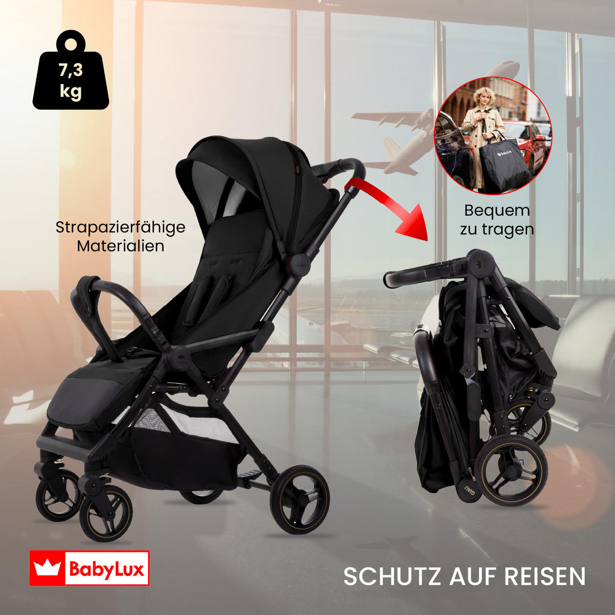 BUGGY Giau, Klein und Leicht, Teleskopische Führung, Kompakt Faltbar, Wickeltasche, Reisetasche - Schwarz, Textil/Metall (58/98cm) - BabyLux