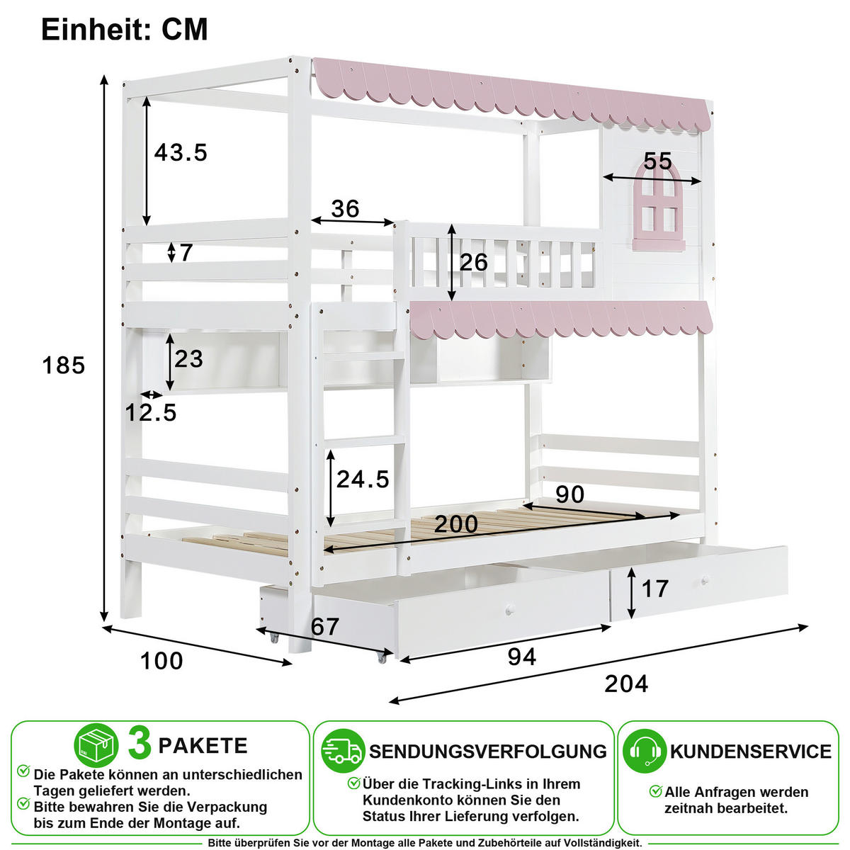 ETAGENBETT 90/200 cm in Weiß & Rosa mit 2 Schubladen, Regal und Fallschutz - Weiß/Rosa, Holz/Holzwerkstoff (90/200cm) - CHICFURN