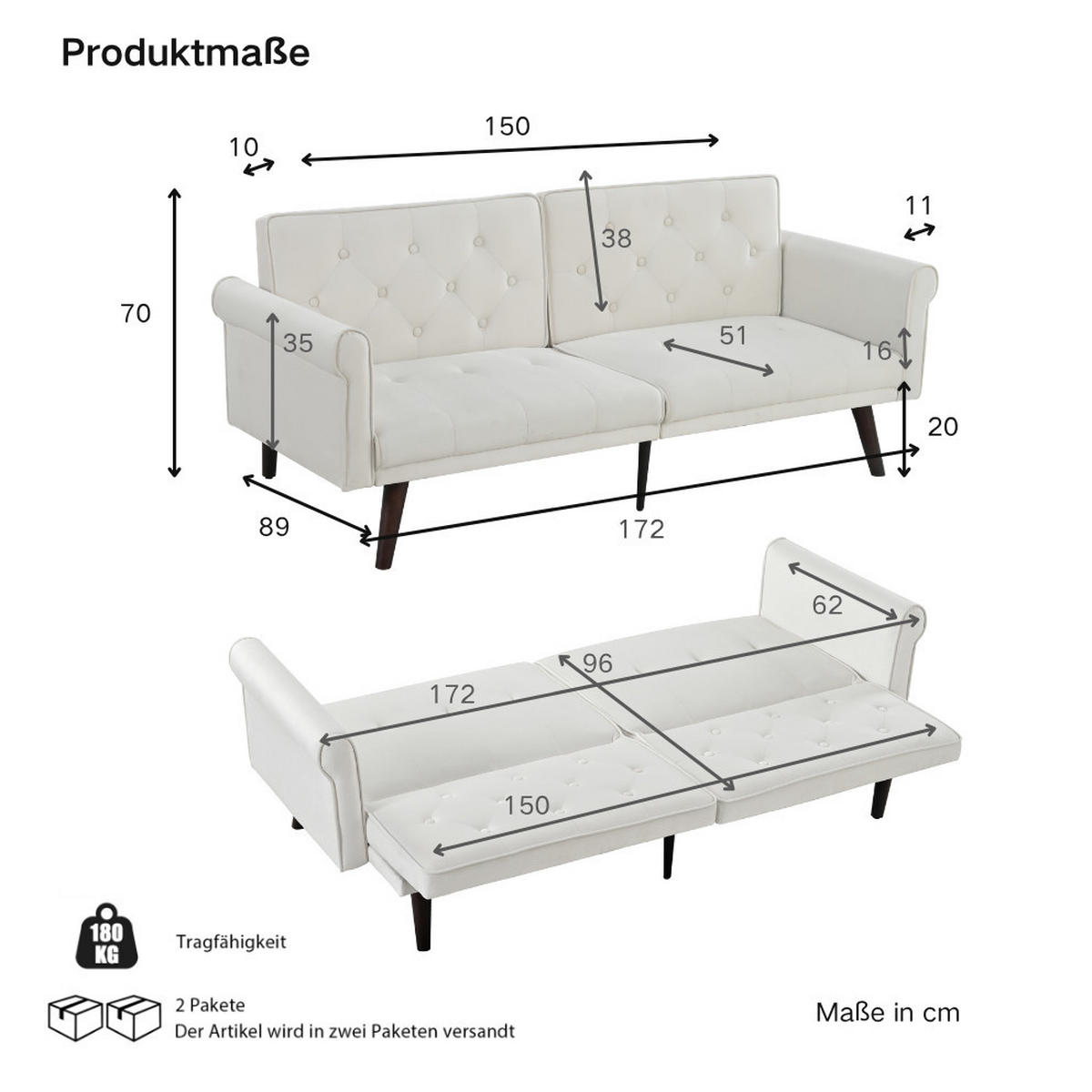 SCHLAFSOFA 2-Sitzer mit verstellbaren Rückenlehnen, 2-in-1 Gästebett und 6-Punkt-Konstruktion, Beige - Beige, Textil (172/70/89cm) - Redom