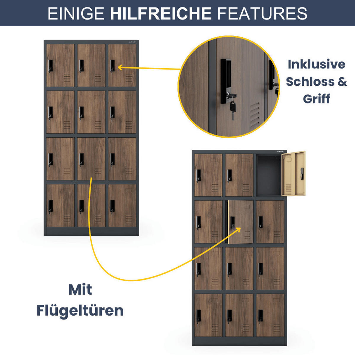 SCHLIESSFACHSCHRANK Spind BERN 12 Fächer185x90x40cm Anthrazit-Nussbaum - Anthrazit, Metall (90/185/40cm) - DELUKE