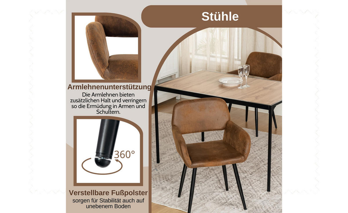 ESSTISCH SET mit 1 Tisch und 6 Stühlen im Retro-Stil - Braun, Holzwerkstoff/Textil (138.5/75/80cm) - Urban Meuble