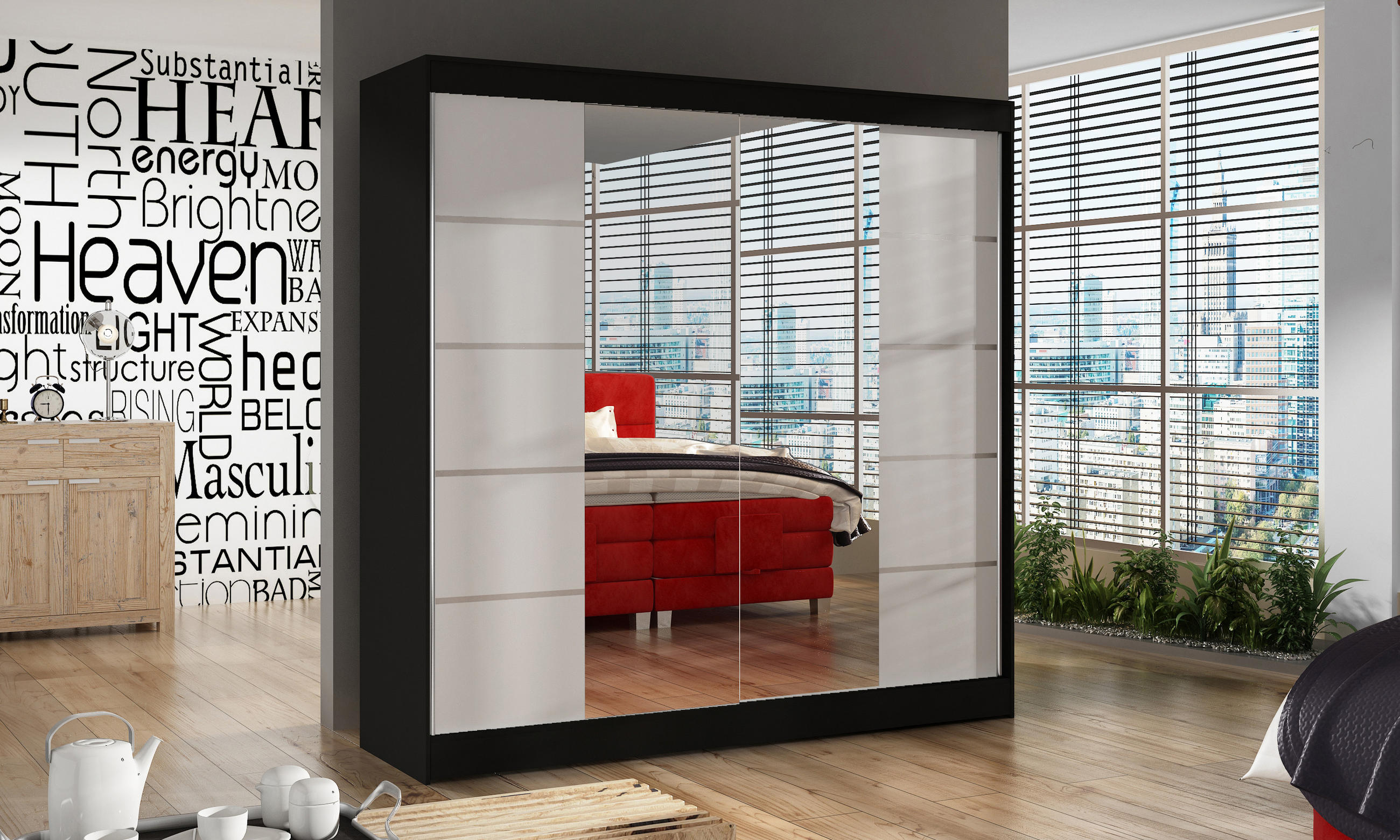 SCHWEBETÜRENSCHRANK Basti V - 200 cm - Schwarz/Weiß, Holzwerkstoff/Metall (200/215/58cm) - Sofnet